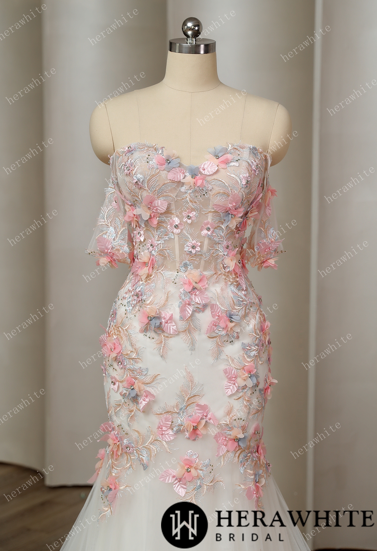 Spring-Inspired Tulle Mermaid: Colorful 3D Frosted Floral Wedding Gown
