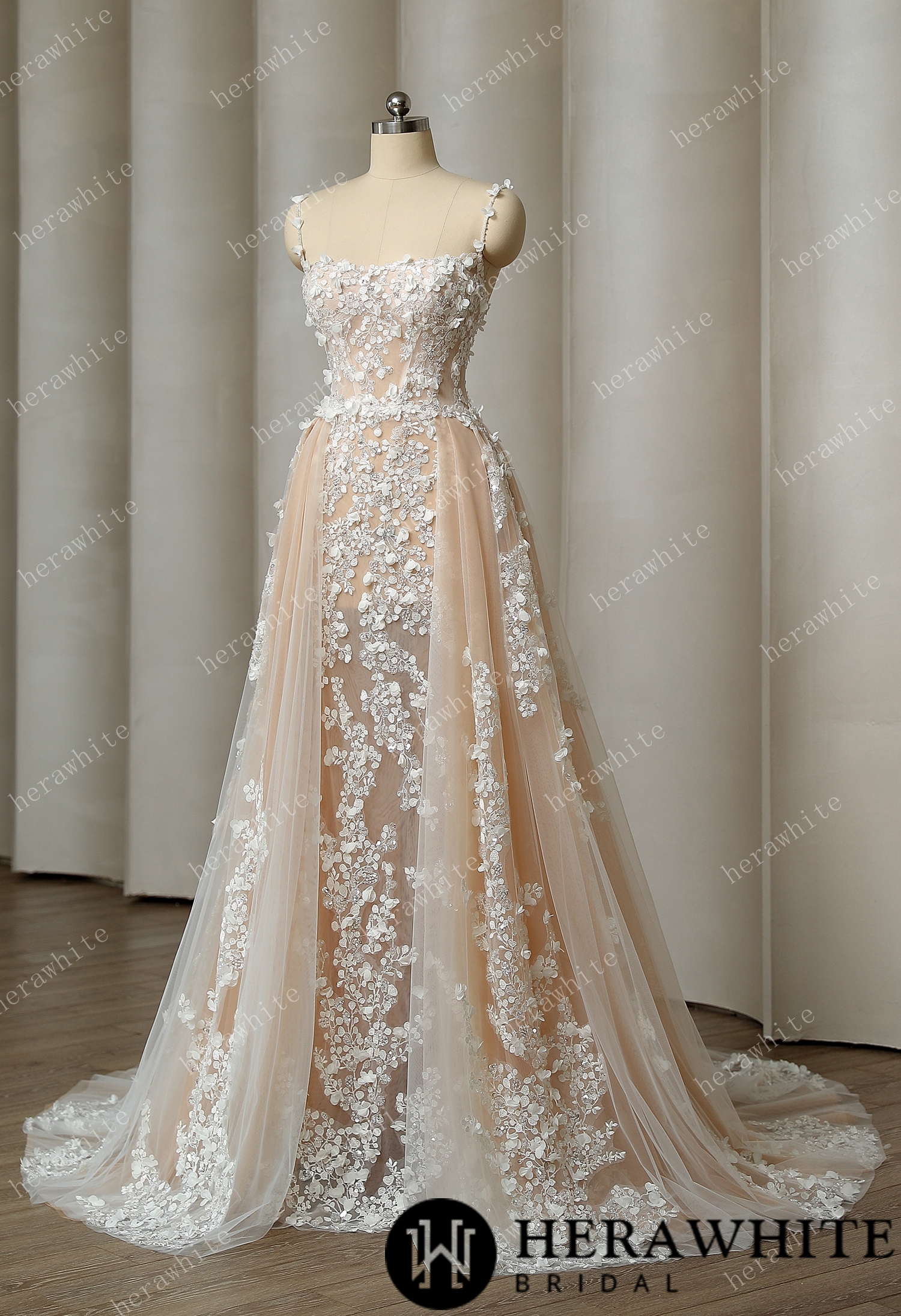 Delicately Embroidered 3D Flowers Spaghetti Straps Wedding Dress With Voluminous Overskirt