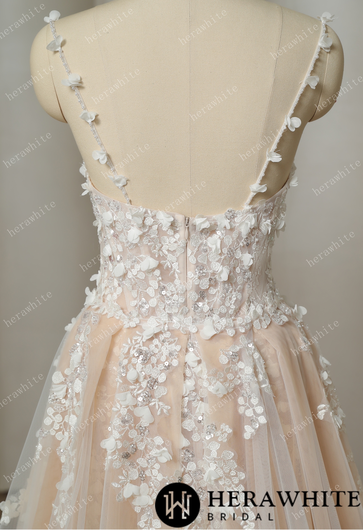 Delicately Embroidered 3D Flowers Spaghetti Straps Wedding Dress With Voluminous Overskirt