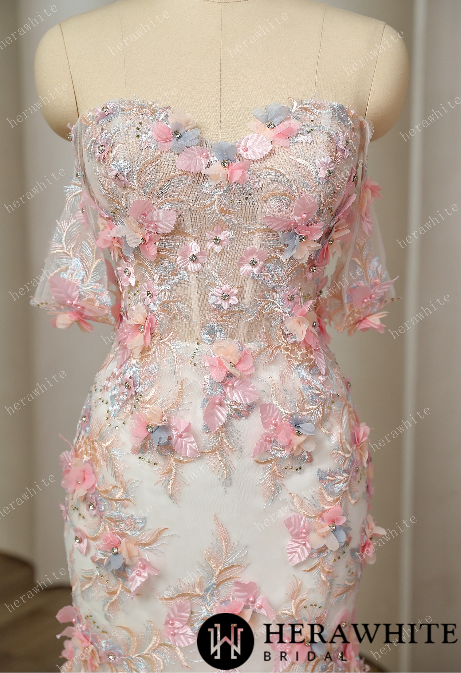 Spring-Inspired Tulle Mermaid: Colorful 3D Frosted Floral Wedding Gown