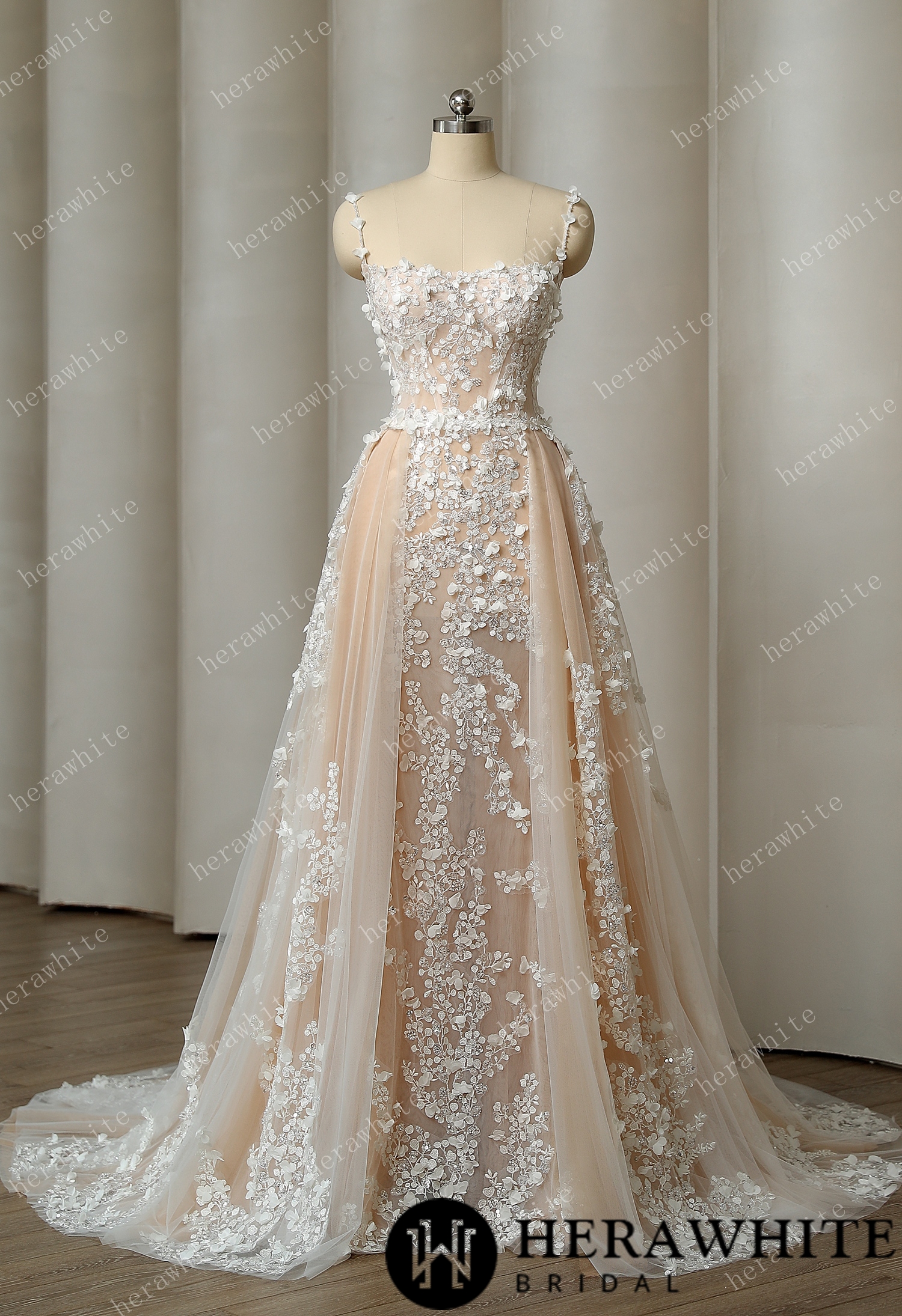 Delicately Embroidered 3D Flowers Spaghetti Straps Wedding Dress With Voluminous Overskirt