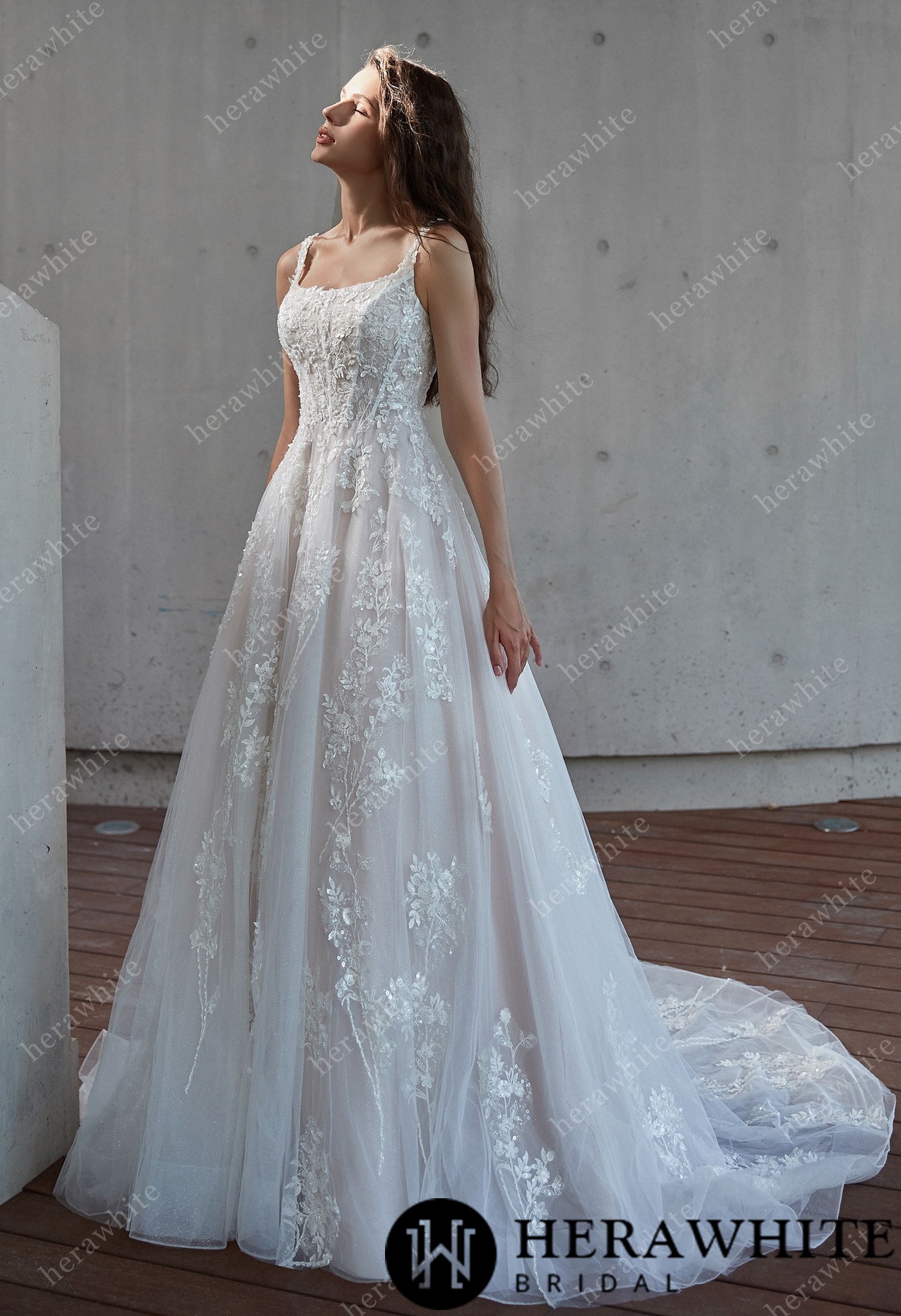 Square Neckline Delicate Bead Lace Wedding Dress