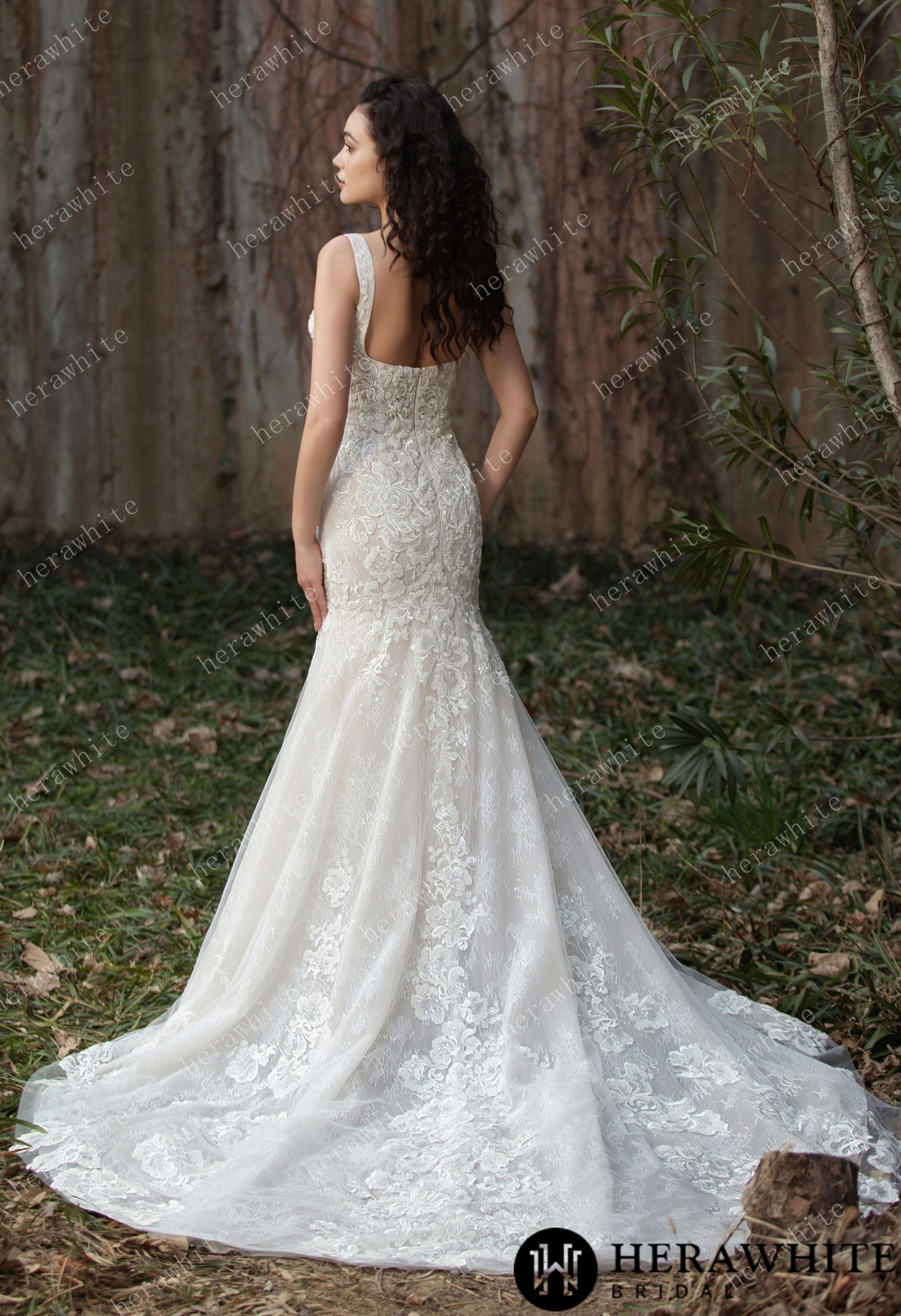 Elegant Lace Fit-and-Flare Gown with Square Neckline and Intricate Floral Detailing