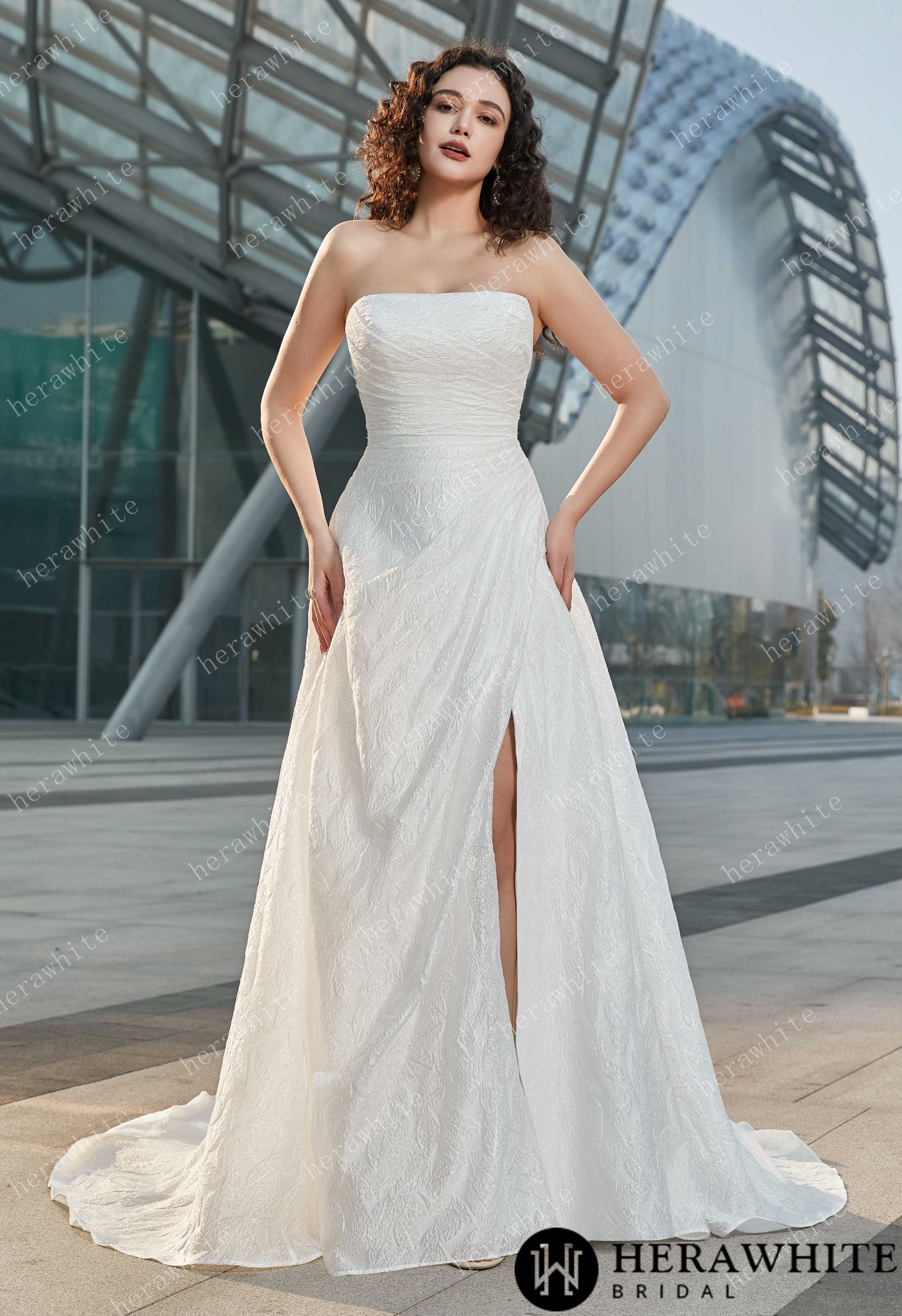 Strapless High Slit Printed Tulle A line Wedding Dresses