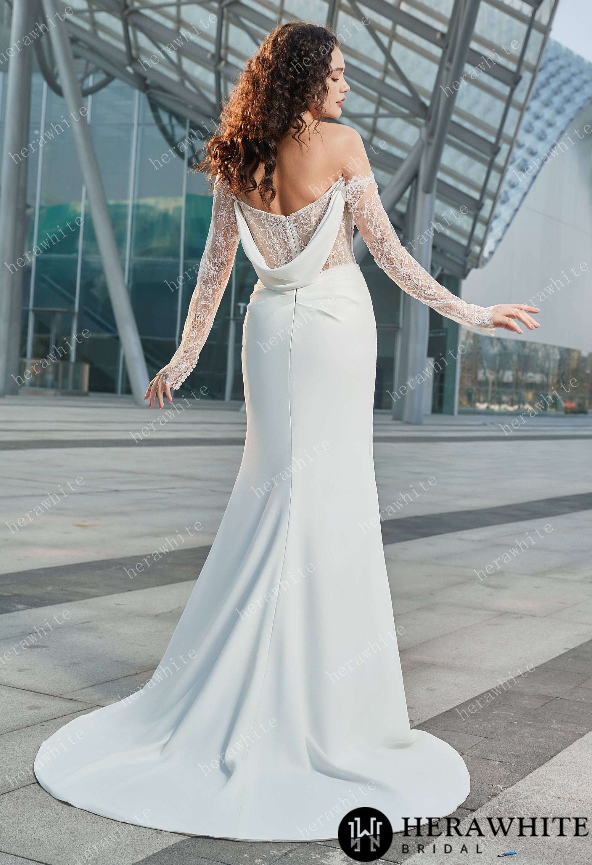 Modern Glam-Off-the-Shoulder Bridal Gown with Thigh-High Slit & Delicate Lace Sleeves
