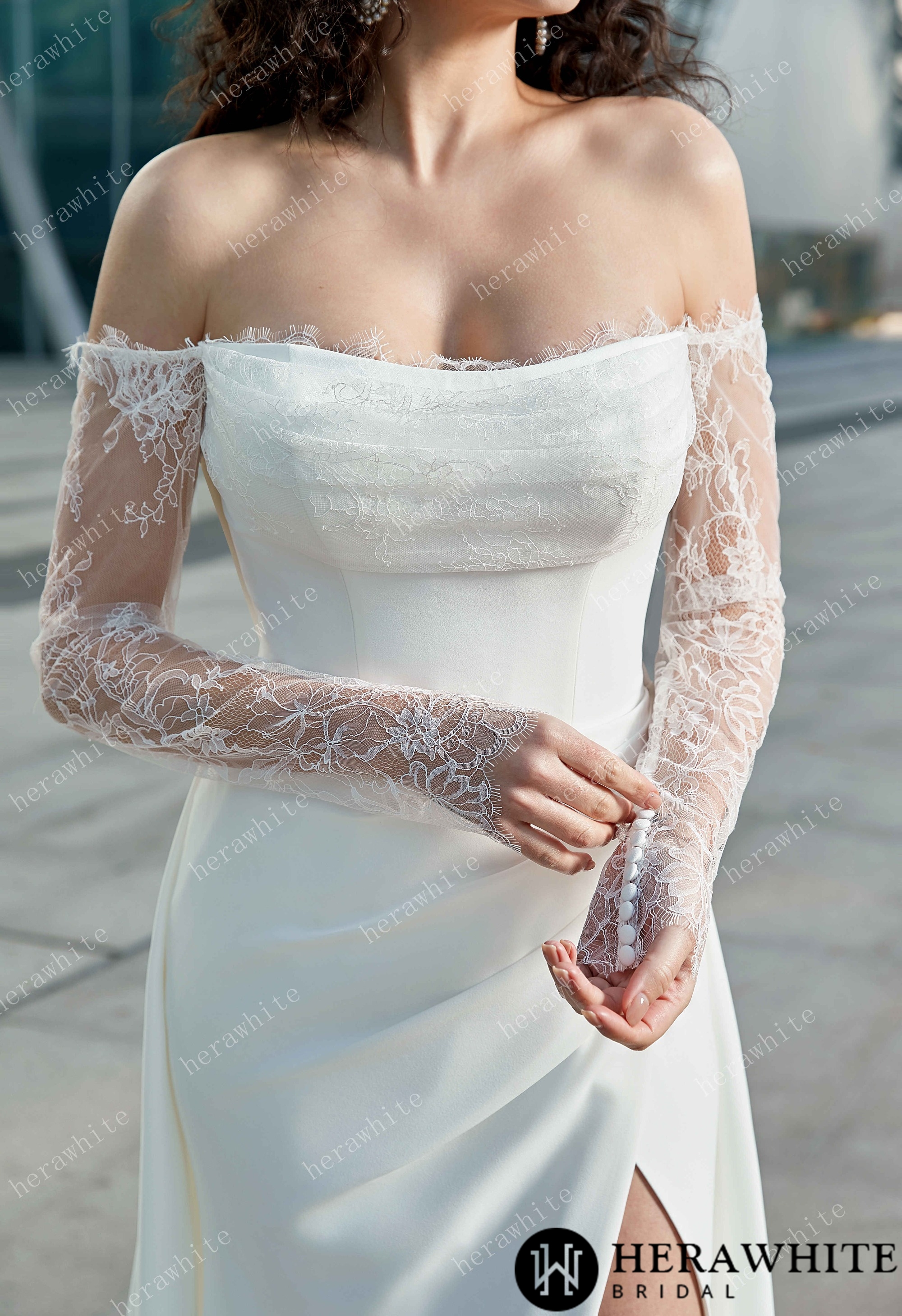 Modern Glam-Off-the-Shoulder Bridal Gown with Thigh-High Slit & Delicate Lace Sleeves