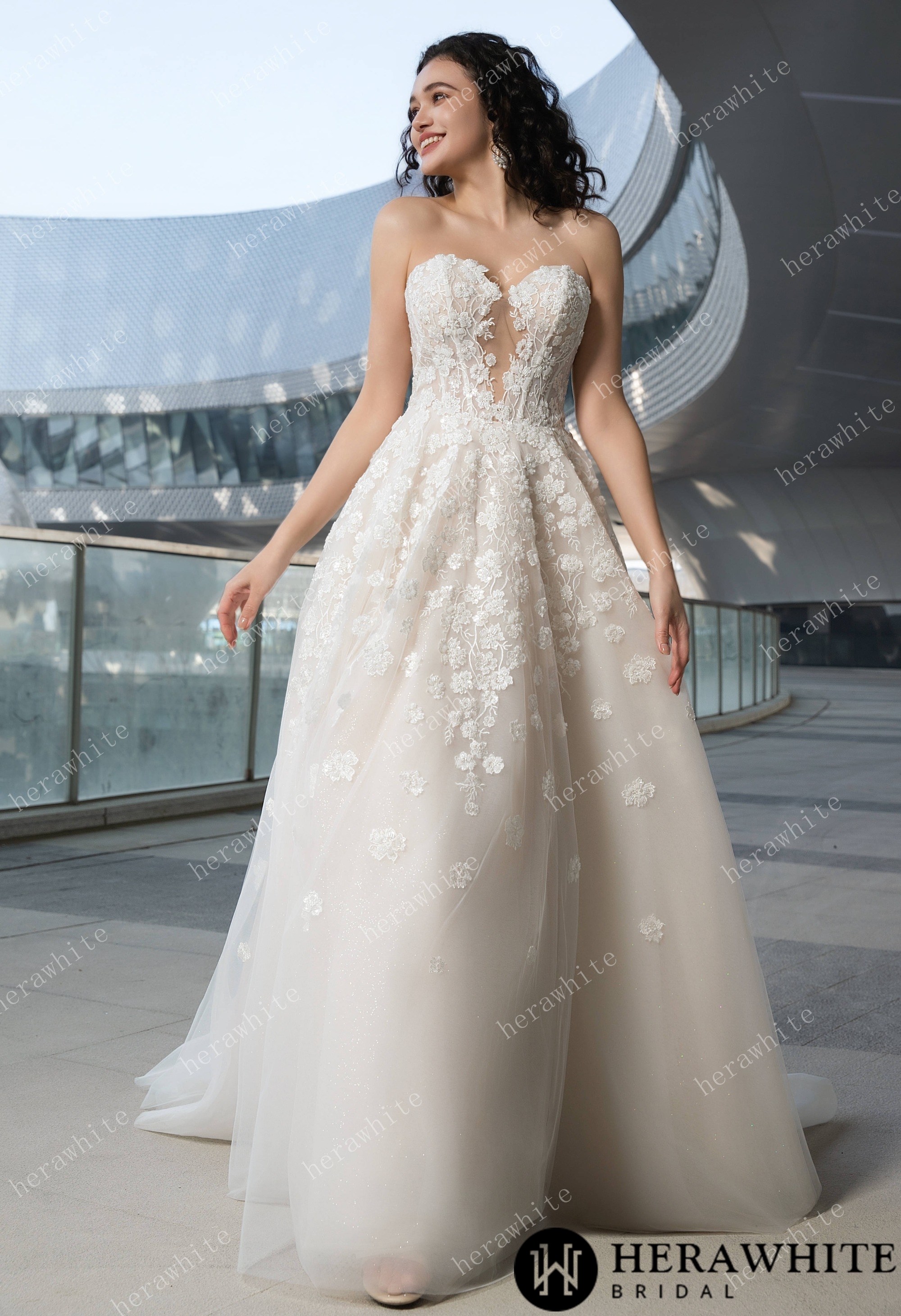 Elegant Lace A-Line Gown With Sweetheart Neckline and Intricate Floral Detailing