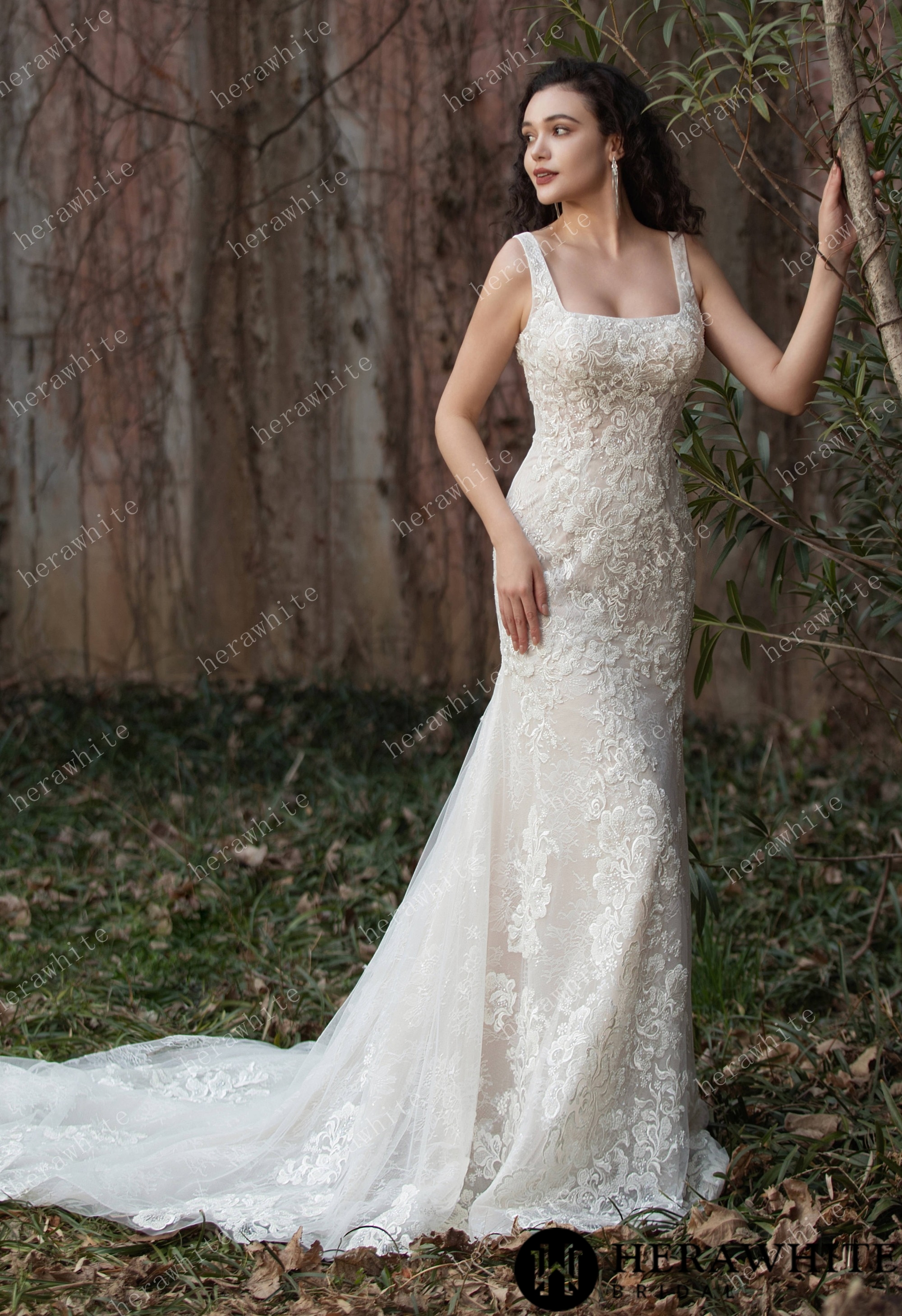 Elegant Lace Fit-and-Flare Gown with Square Neckline and Intricate Floral Detailing