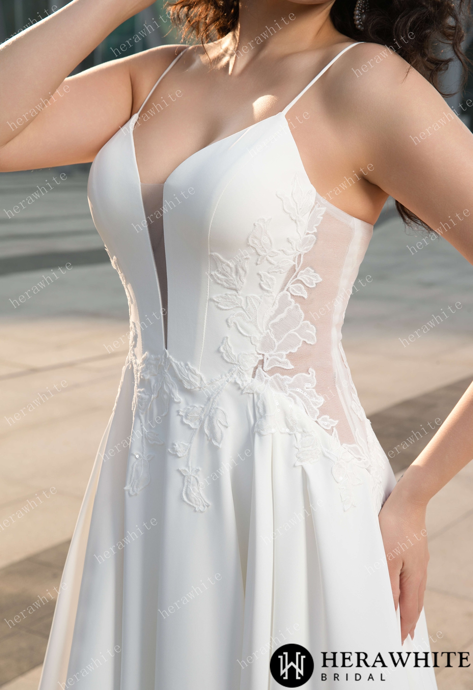 Chiffon A-Line Wedding Dress with Plunging V-Neckline and Illusion Back