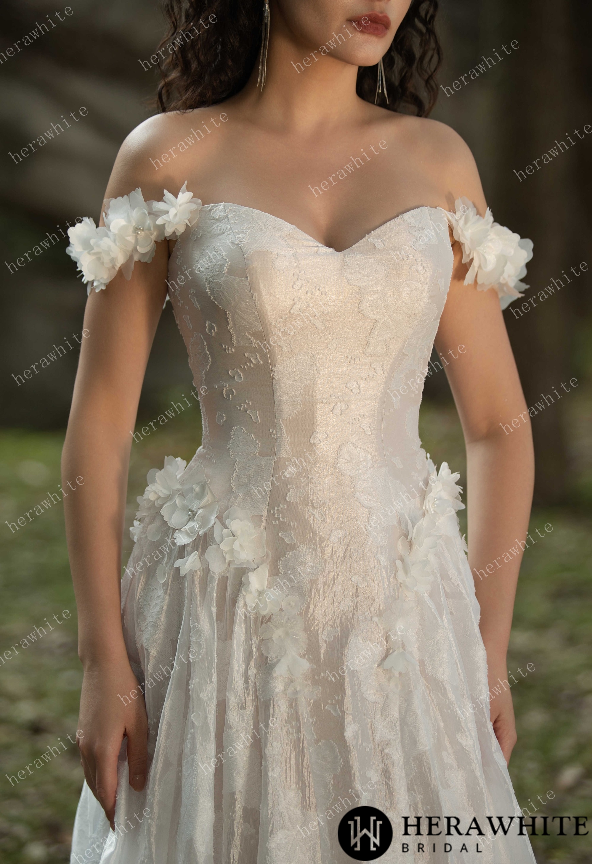 3D Flower-Embellished Basque Waistline Floral Jacquard  Gown