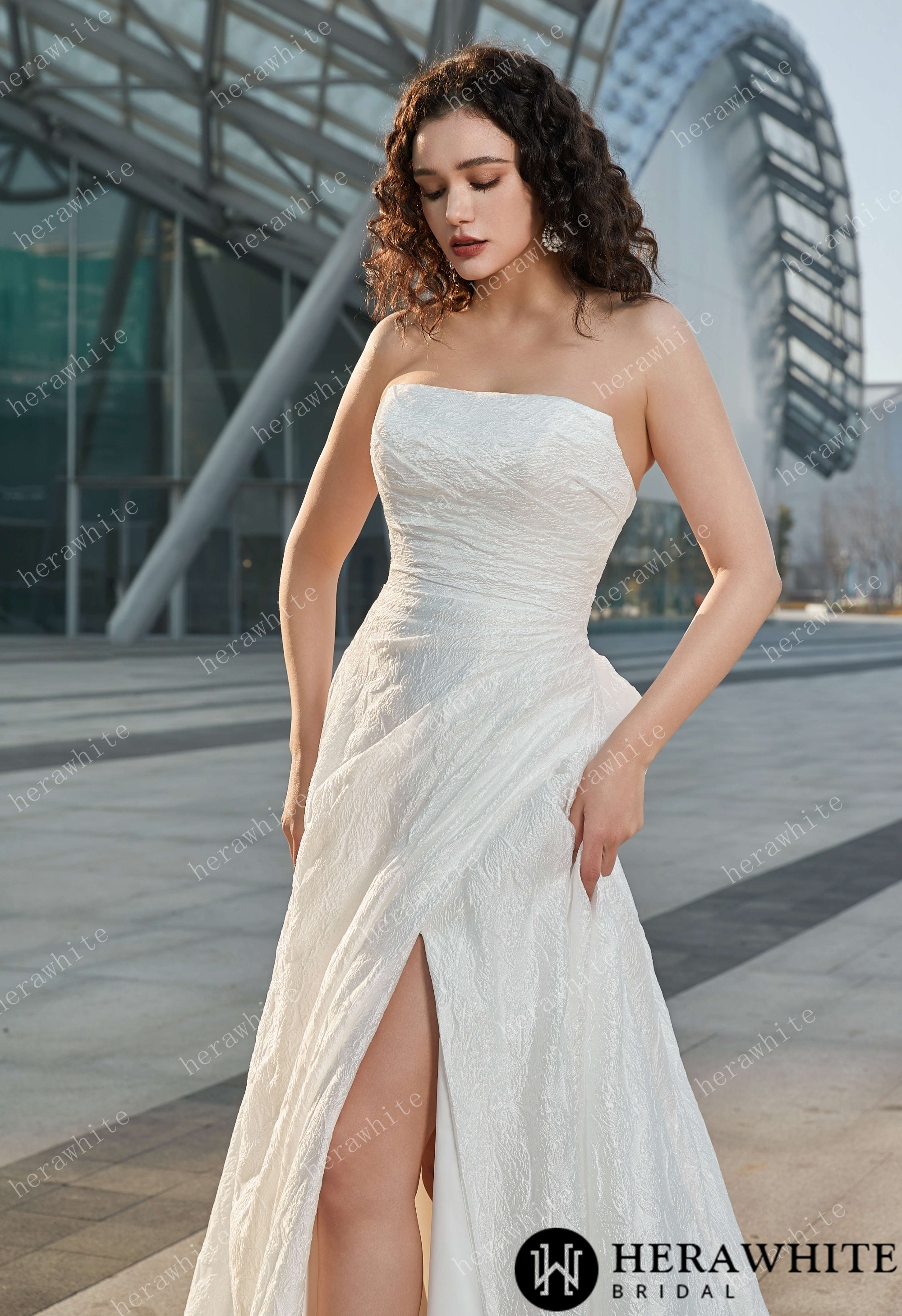 Strapless High Slit Printed Tulle A line Wedding Dresses