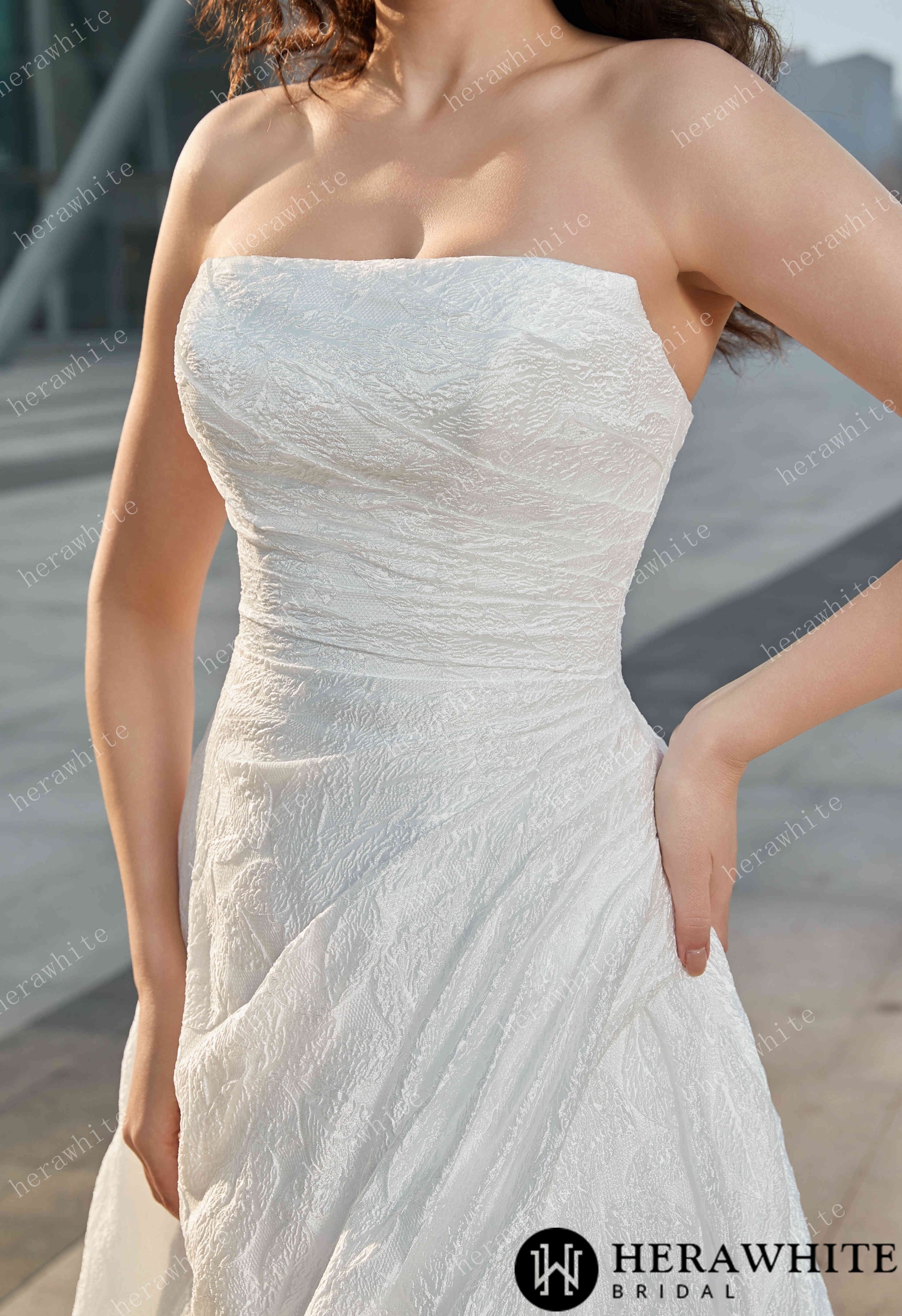 Strapless High Slit Printed Tulle A line Wedding Dresses