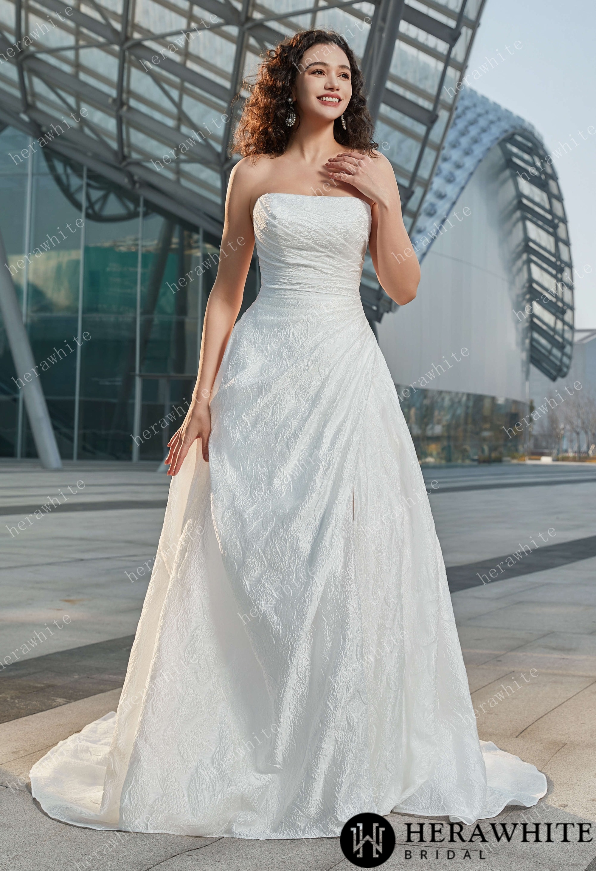 Strapless High Slit Printed Tulle A line Wedding Dresses