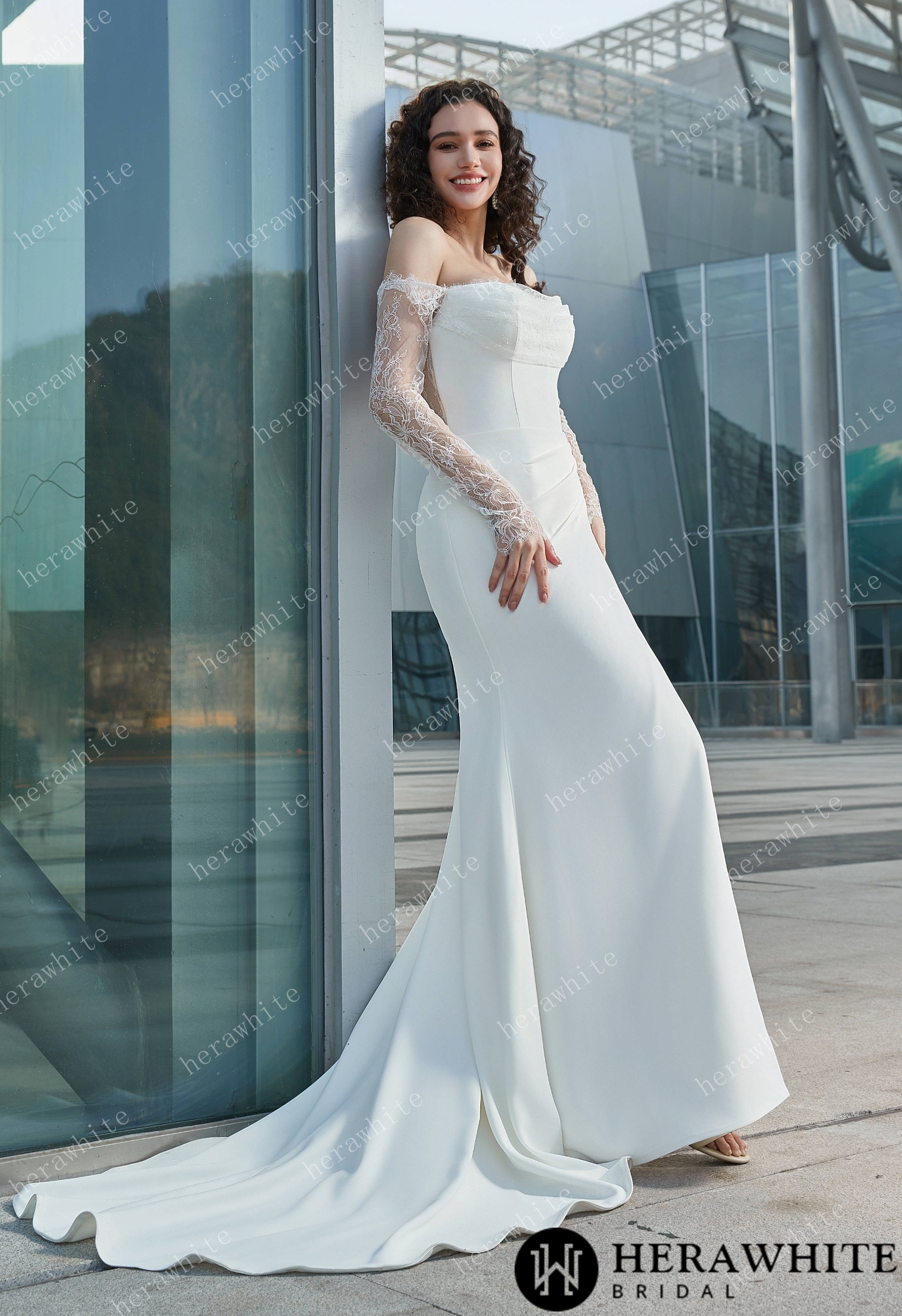 Modern Glam-Off-the-Shoulder Bridal Gown with Thigh-High Slit & Delicate Lace Sleeves