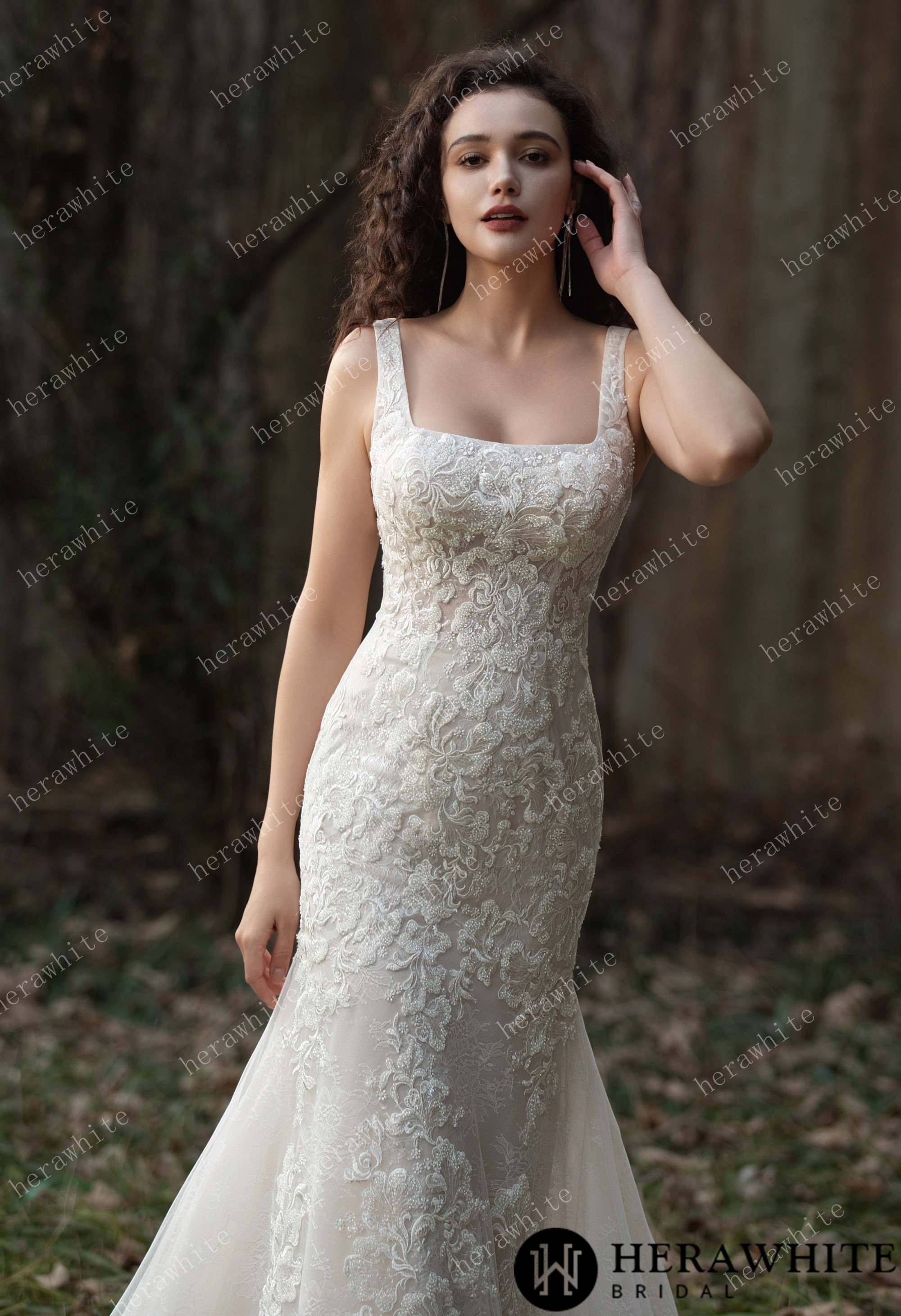 Elegant Lace Fit-and-Flare Gown with Square Neckline and Intricate Floral Detailing