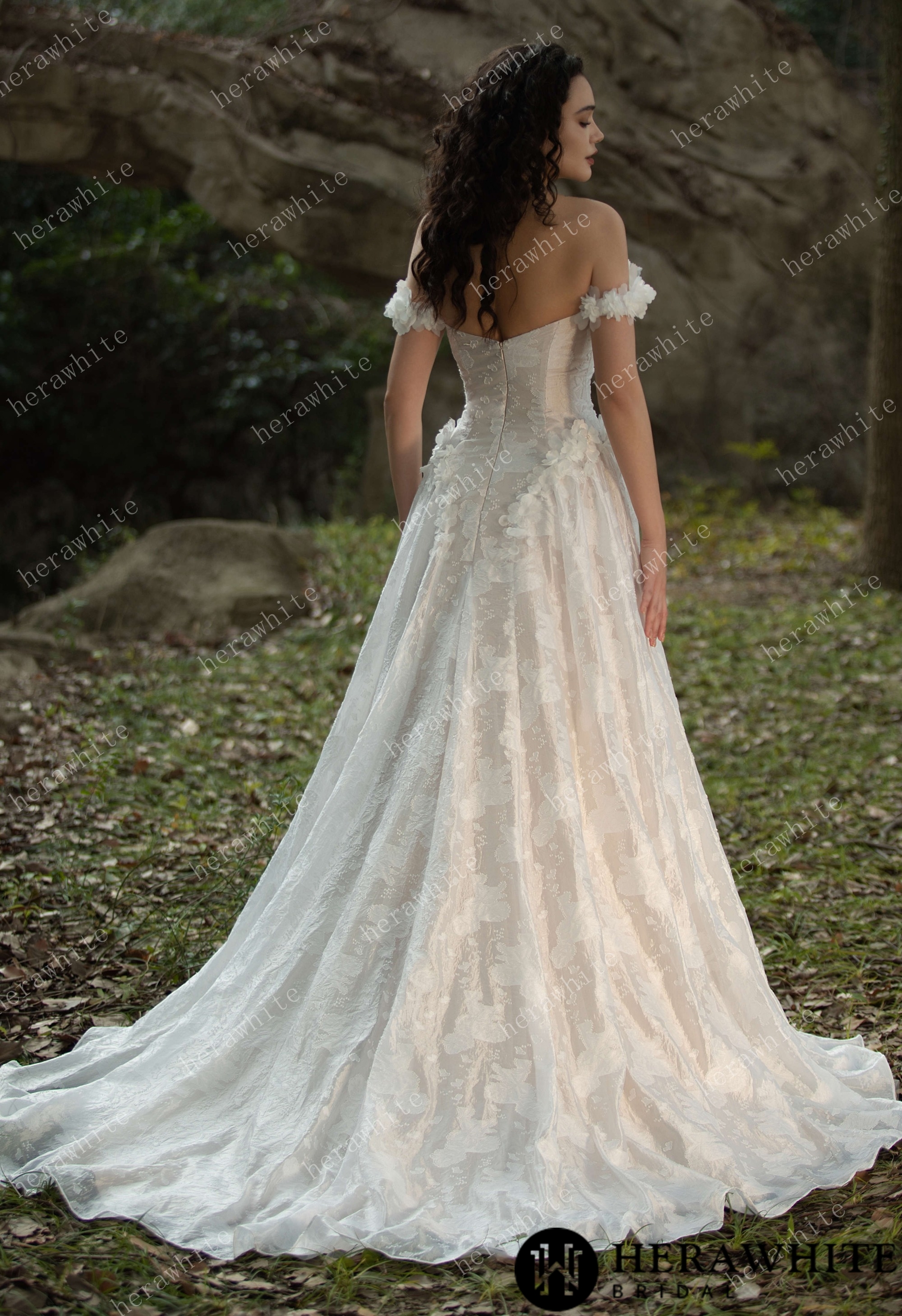 3D Flower-Embellished Basque Waistline Floral Jacquard  Gown