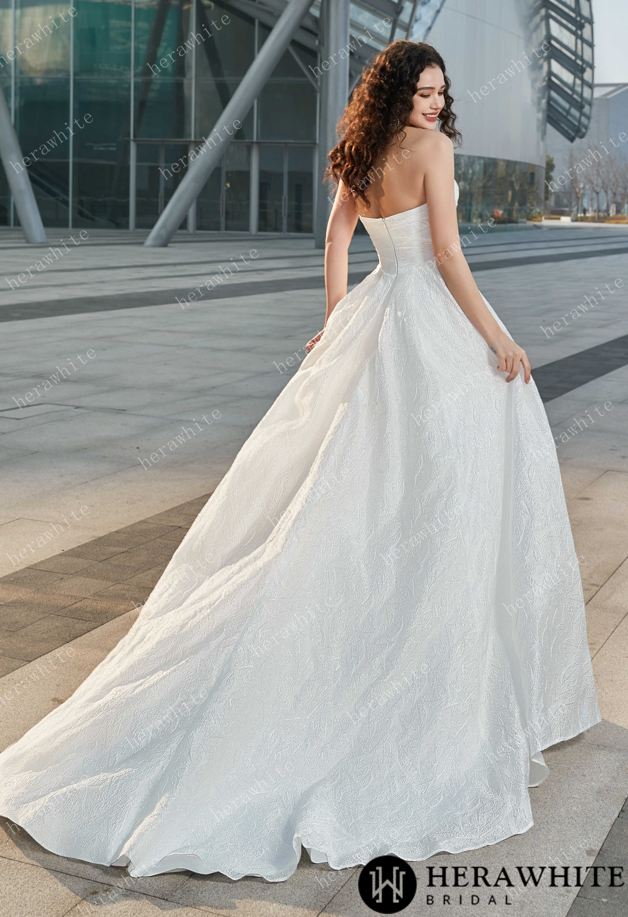 Strapless High Slit Printed Tulle A line Wedding Dresses