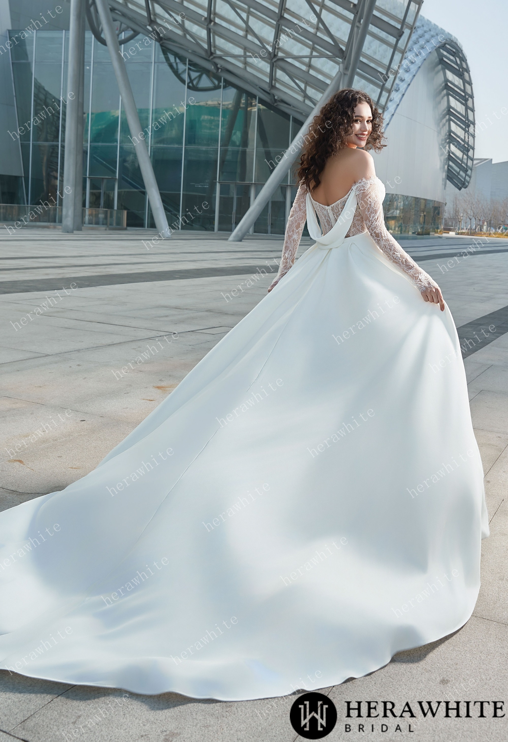 Modern Glam-Off-the-Shoulder Bridal Gown with Thigh-High Slit & Delicate Lace Sleeves