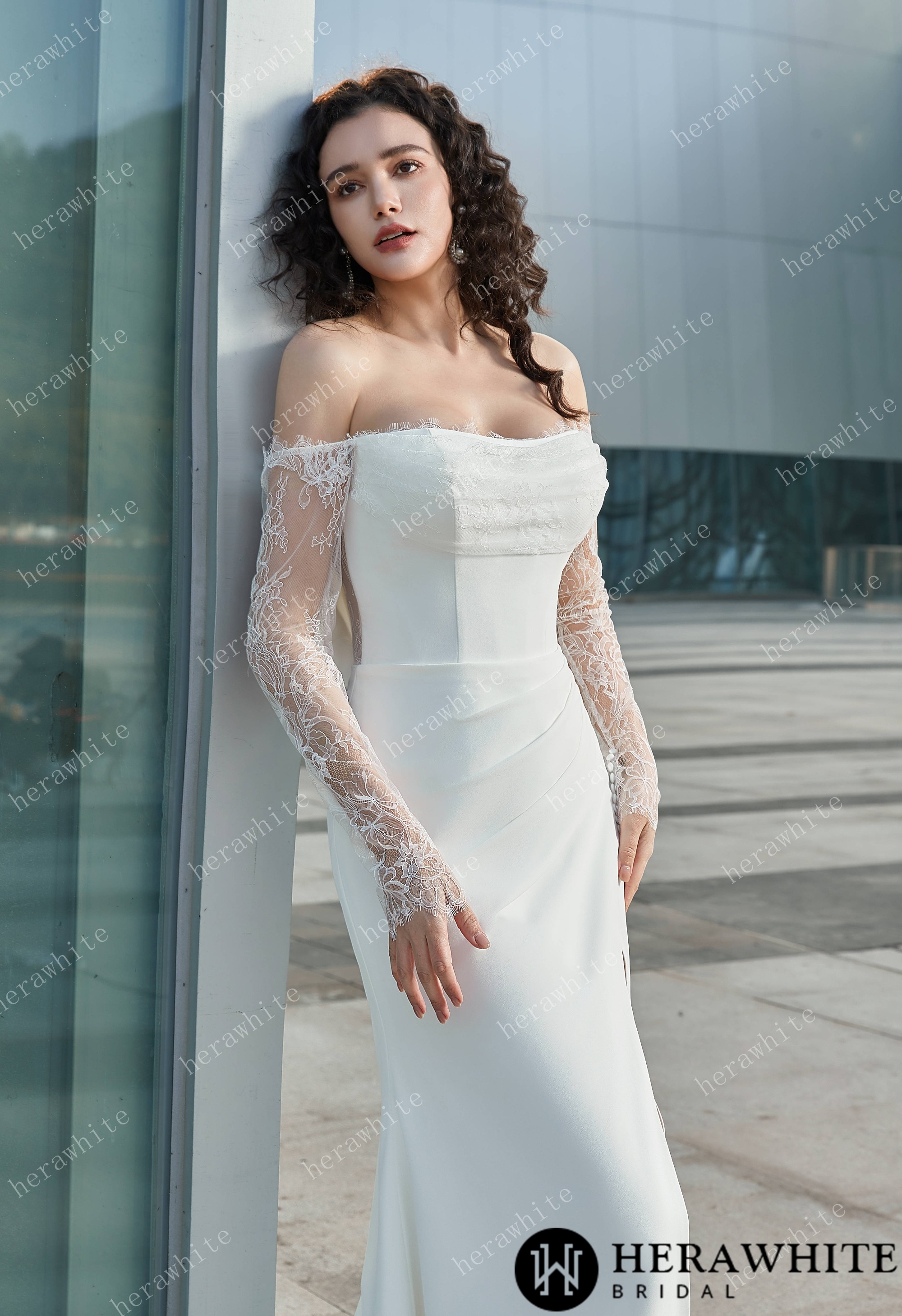 Modern Glam-Off-the-Shoulder Bridal Gown with Thigh-High Slit & Delicate Lace Sleeves