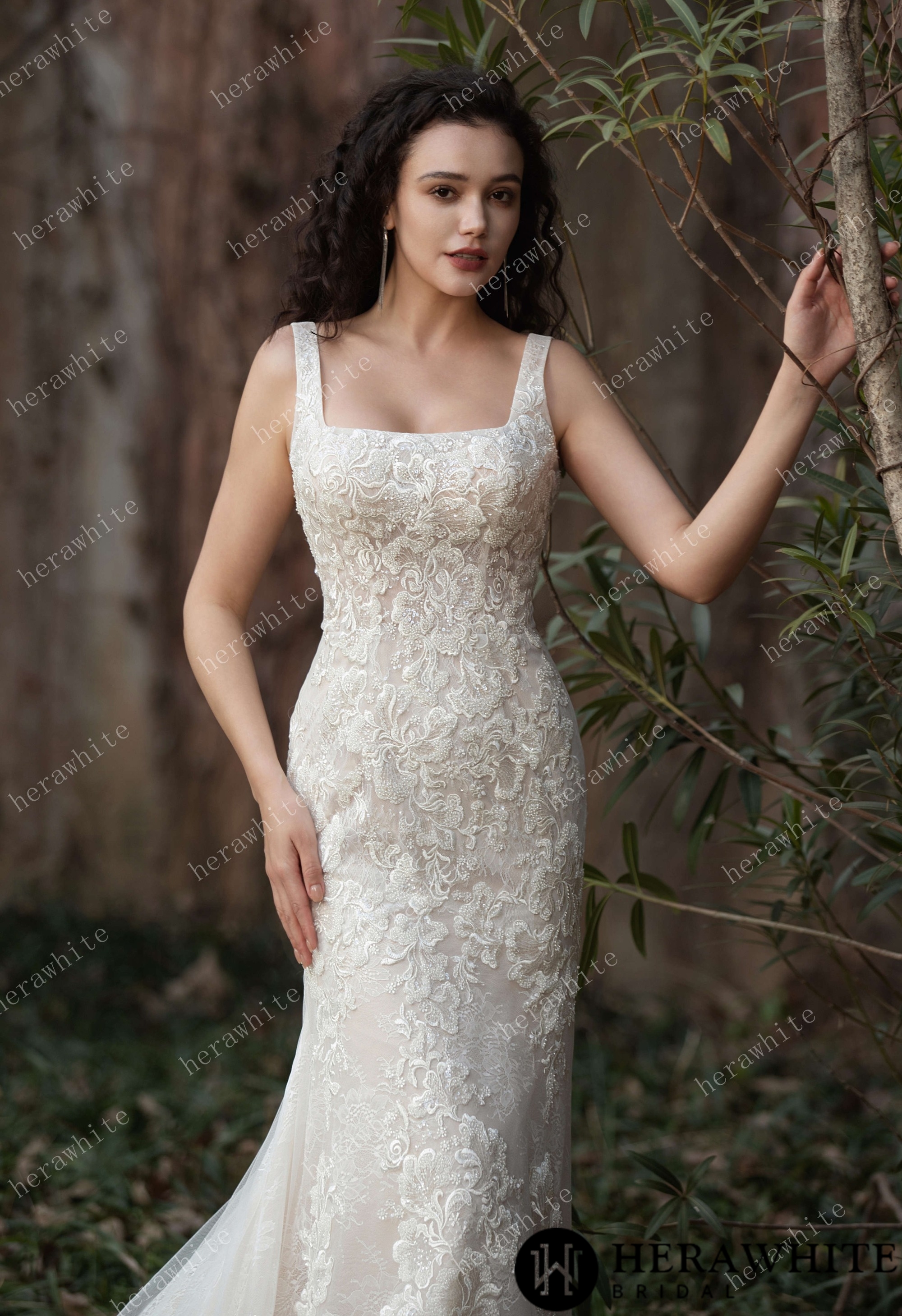 Elegant Lace Fit-and-Flare Gown with Square Neckline and Intricate Floral Detailing