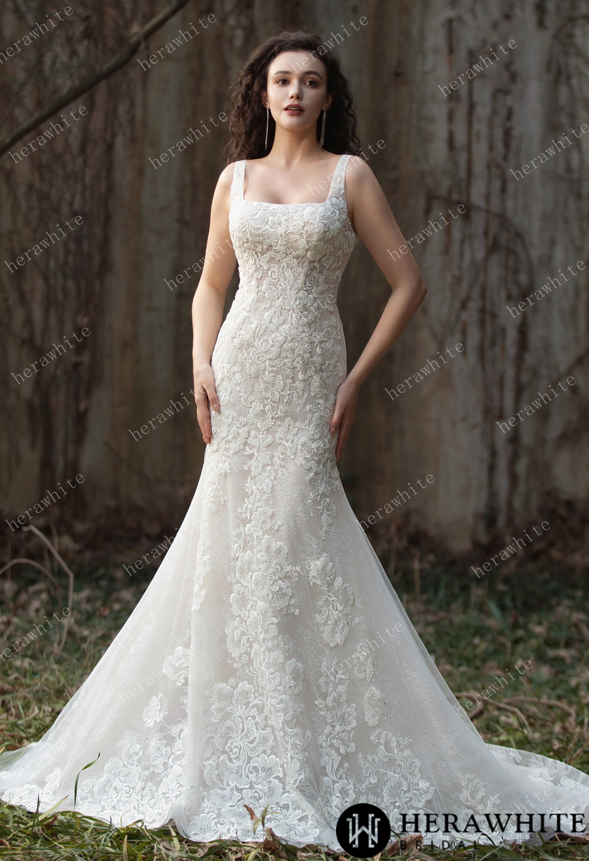 Elegant Lace Fit-and-Flare Gown with Square Neckline and Intricate Floral Detailing