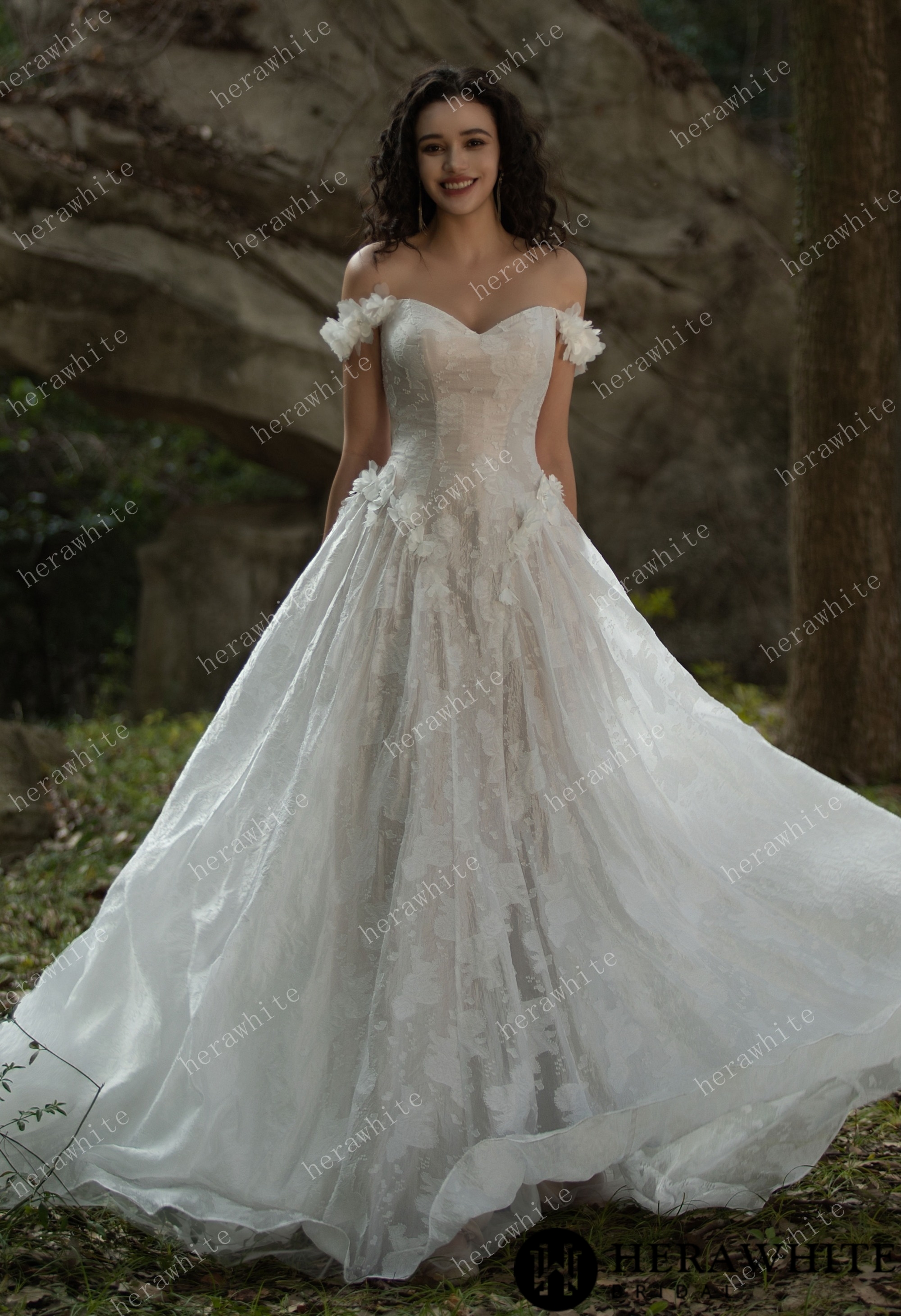 3D Flower-Embellished Basque Waistline Floral Jacquard  Gown