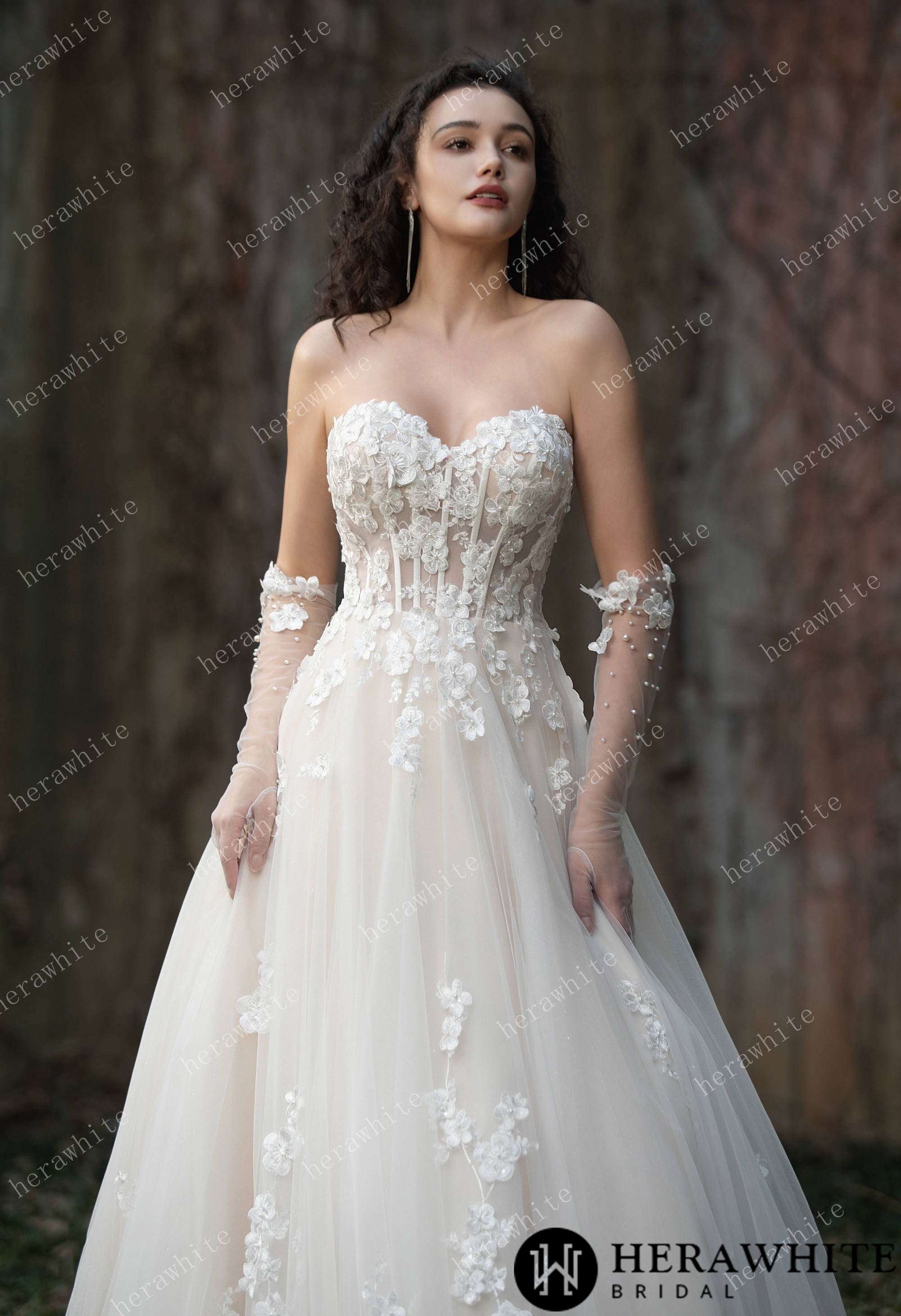 Strapless Tulle Wedding Ball Gown with 3D Embroidery Flowers