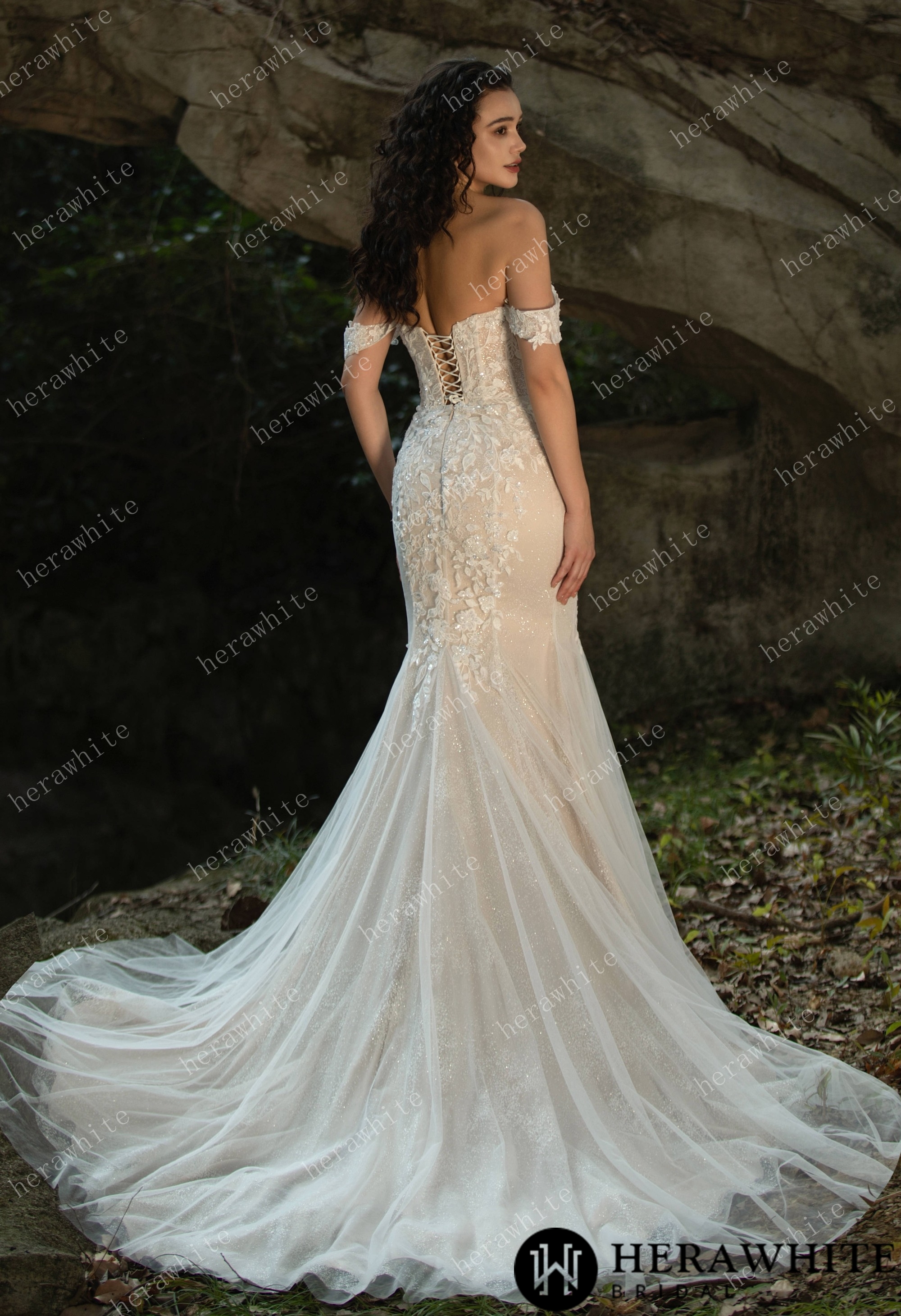Beaded and Sequined Lace Off the Shoulder  Wedding Dress