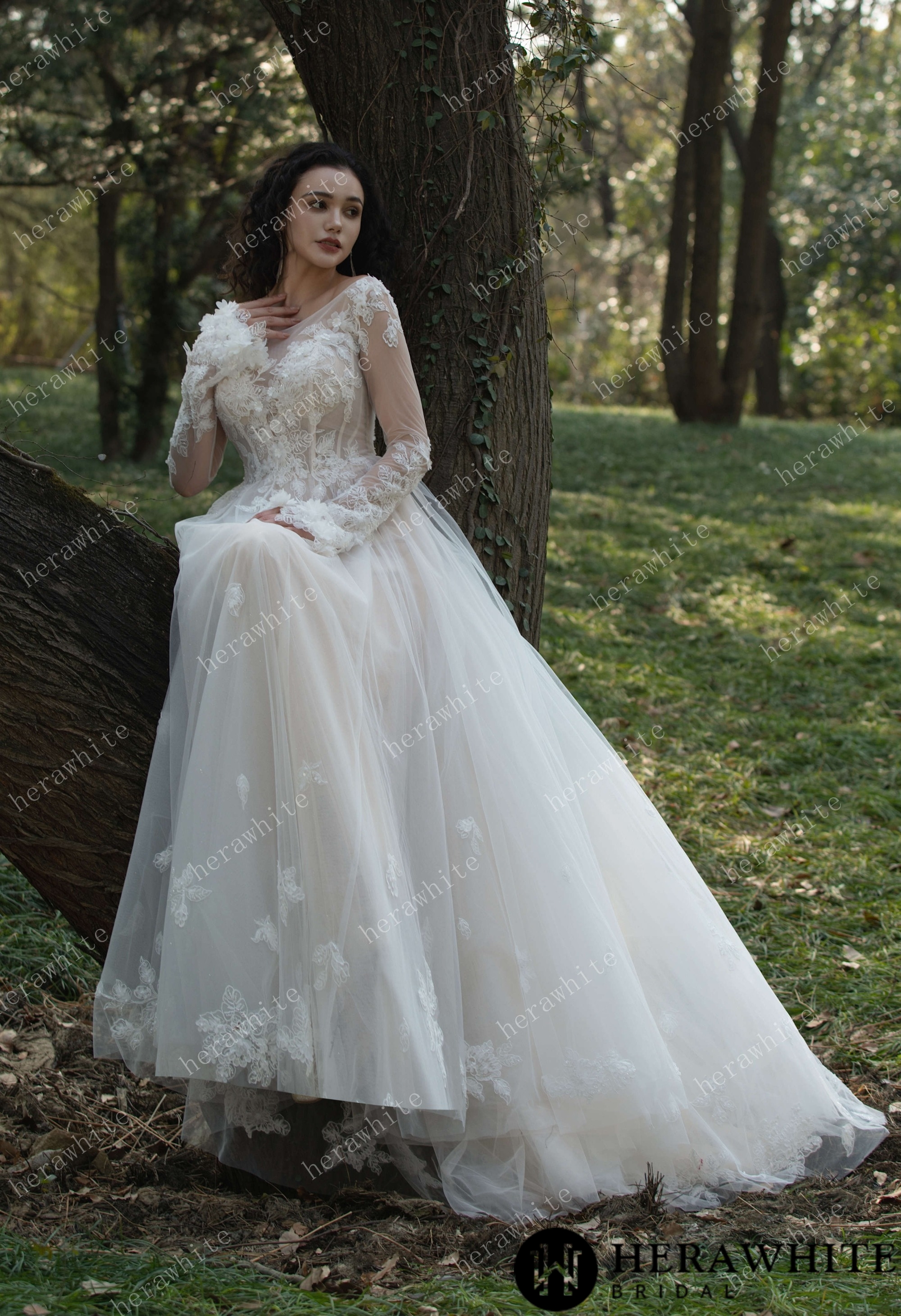 3D Flower Bateau Neckline Long Sleeve Eternal Lace Gown