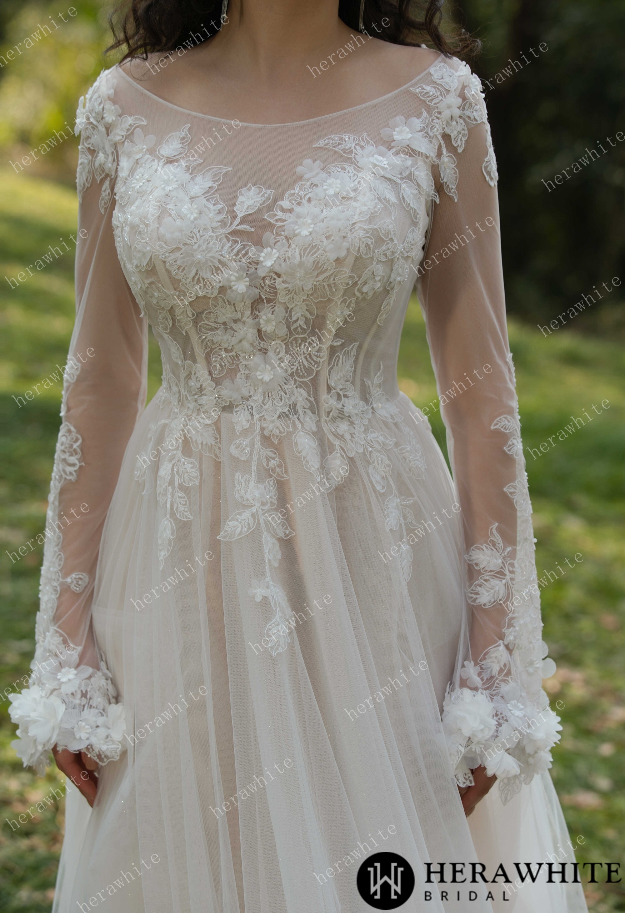 3D Flower Bateau Neckline Long Sleeve Eternal Lace Gown