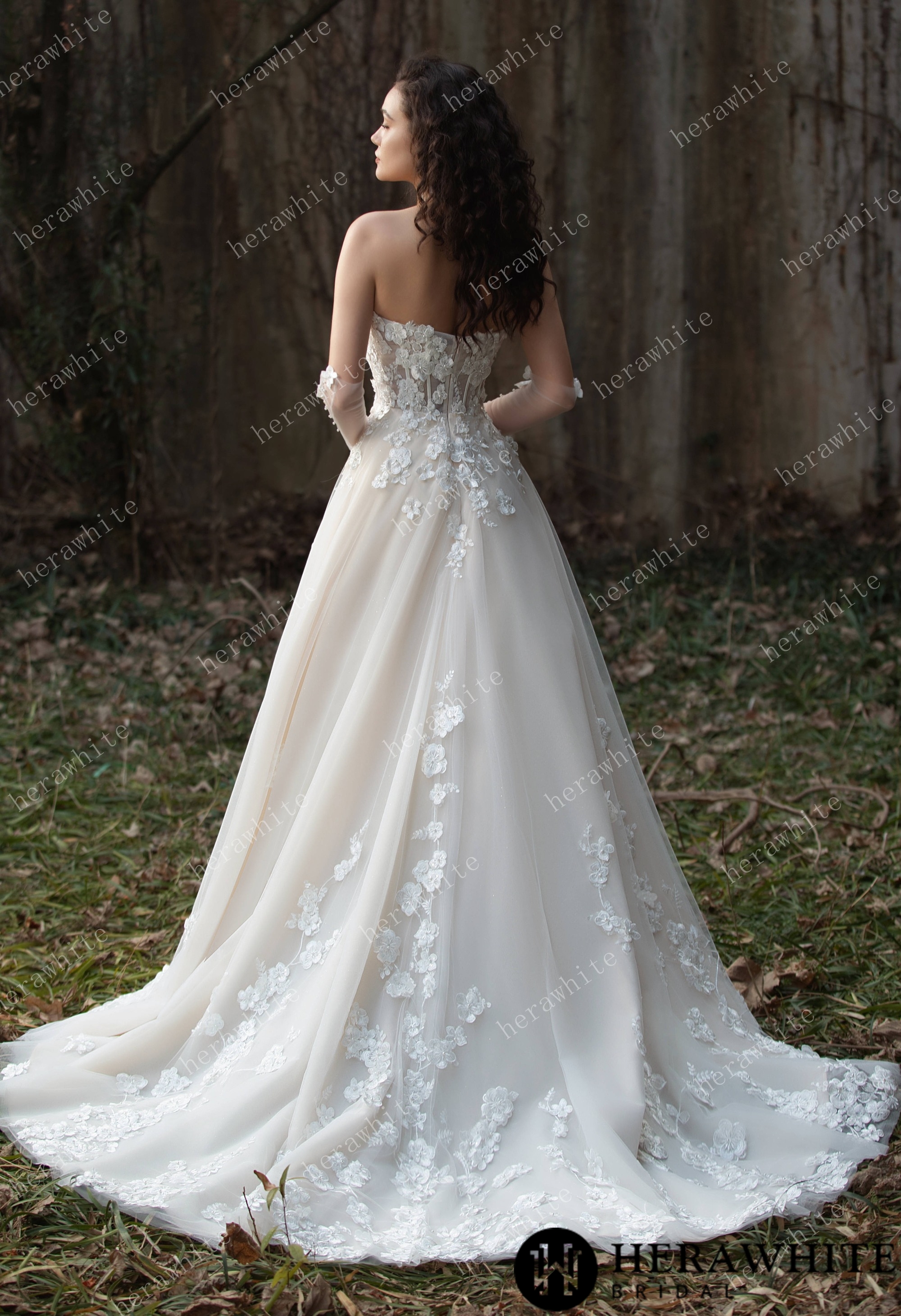 Strapless Tulle Wedding Ball Gown with 3D Embroidery Flowers