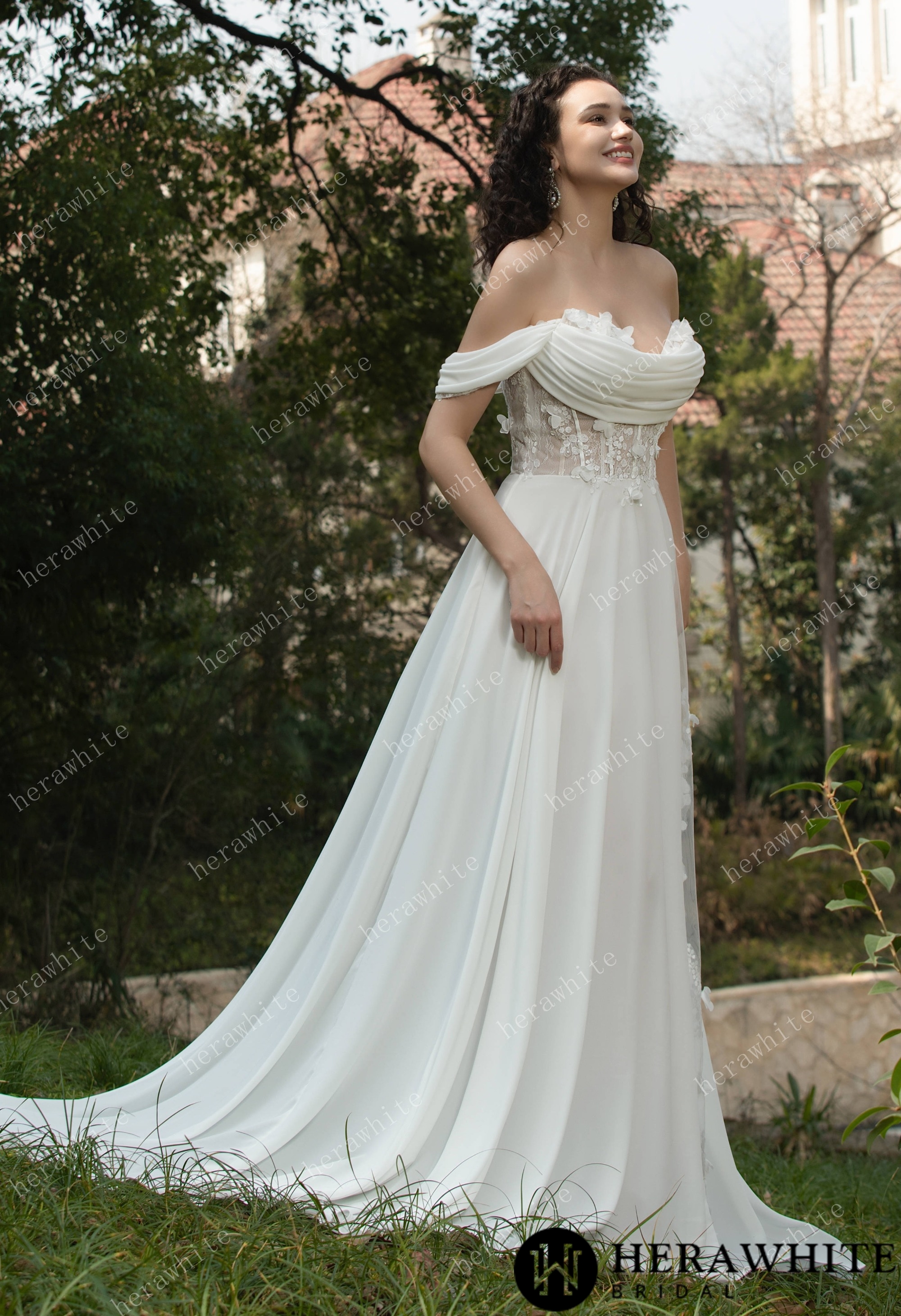 As Cheerful  Off the Shoulder Chiffon Wedding Dress