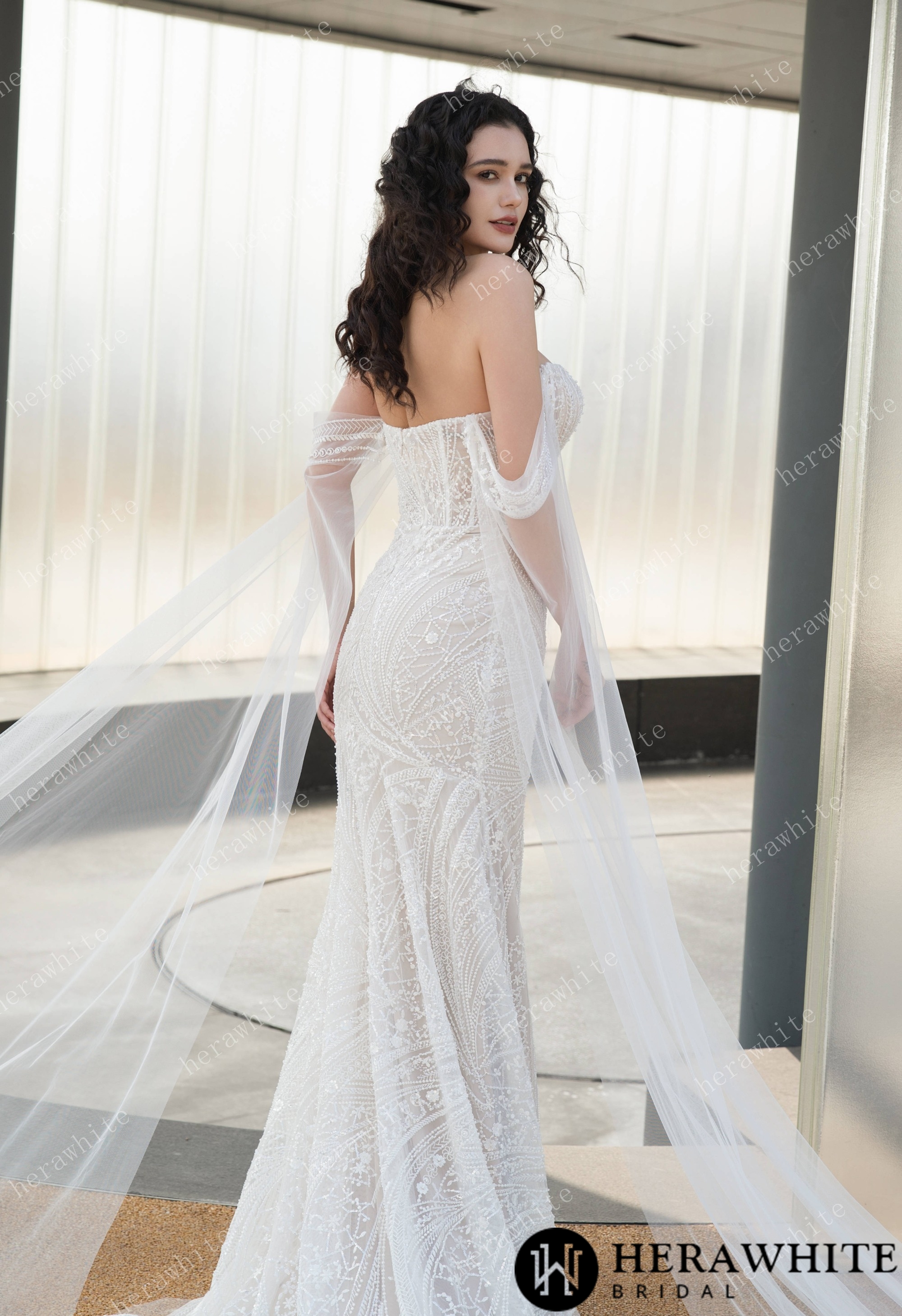 Square Neckline Beaded Embroidery Wedding Gown