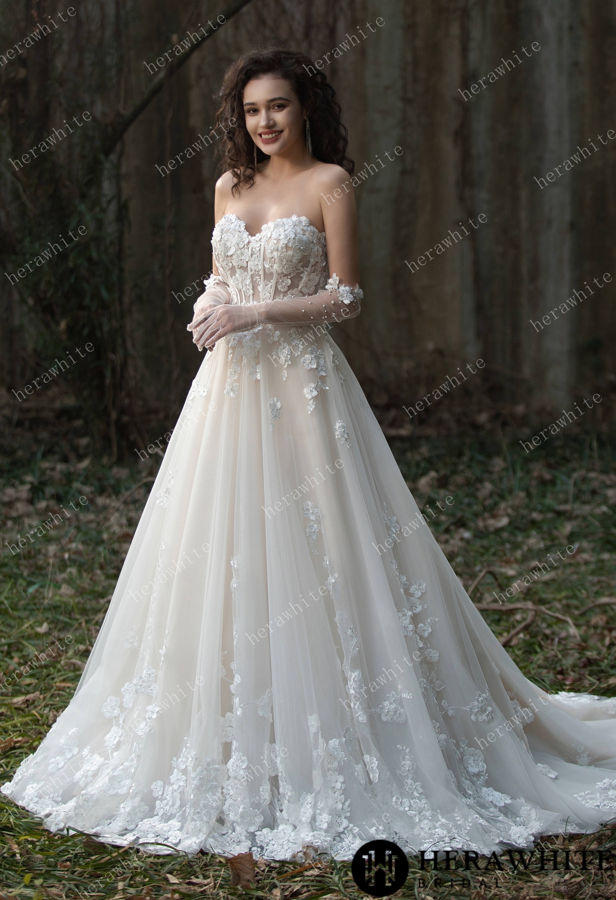 Strapless Tulle Wedding Ball Gown with 3D Embroidery Flowers