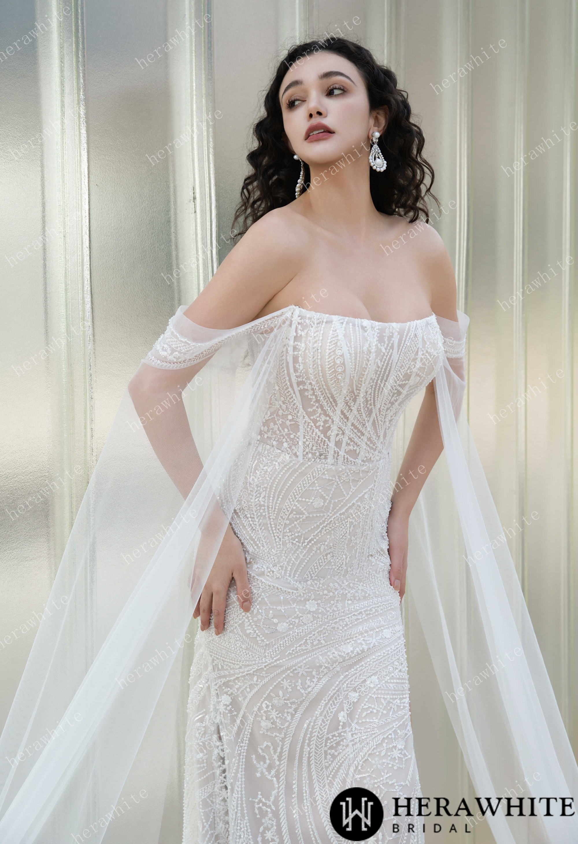 Square Neckline Beaded Embroidery Wedding Gown