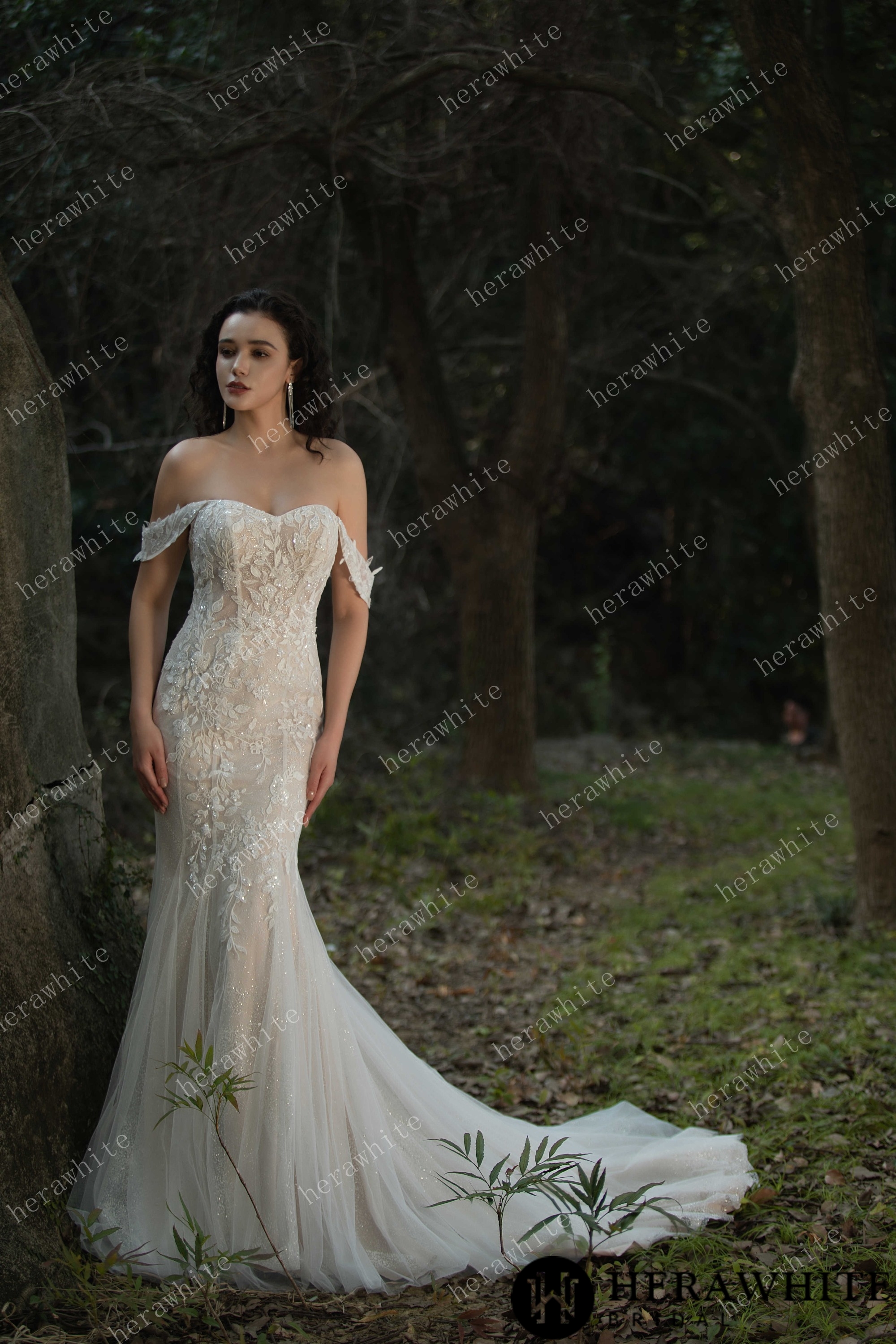 Beaded and Sequined Lace Off the Shoulder  Wedding Dress