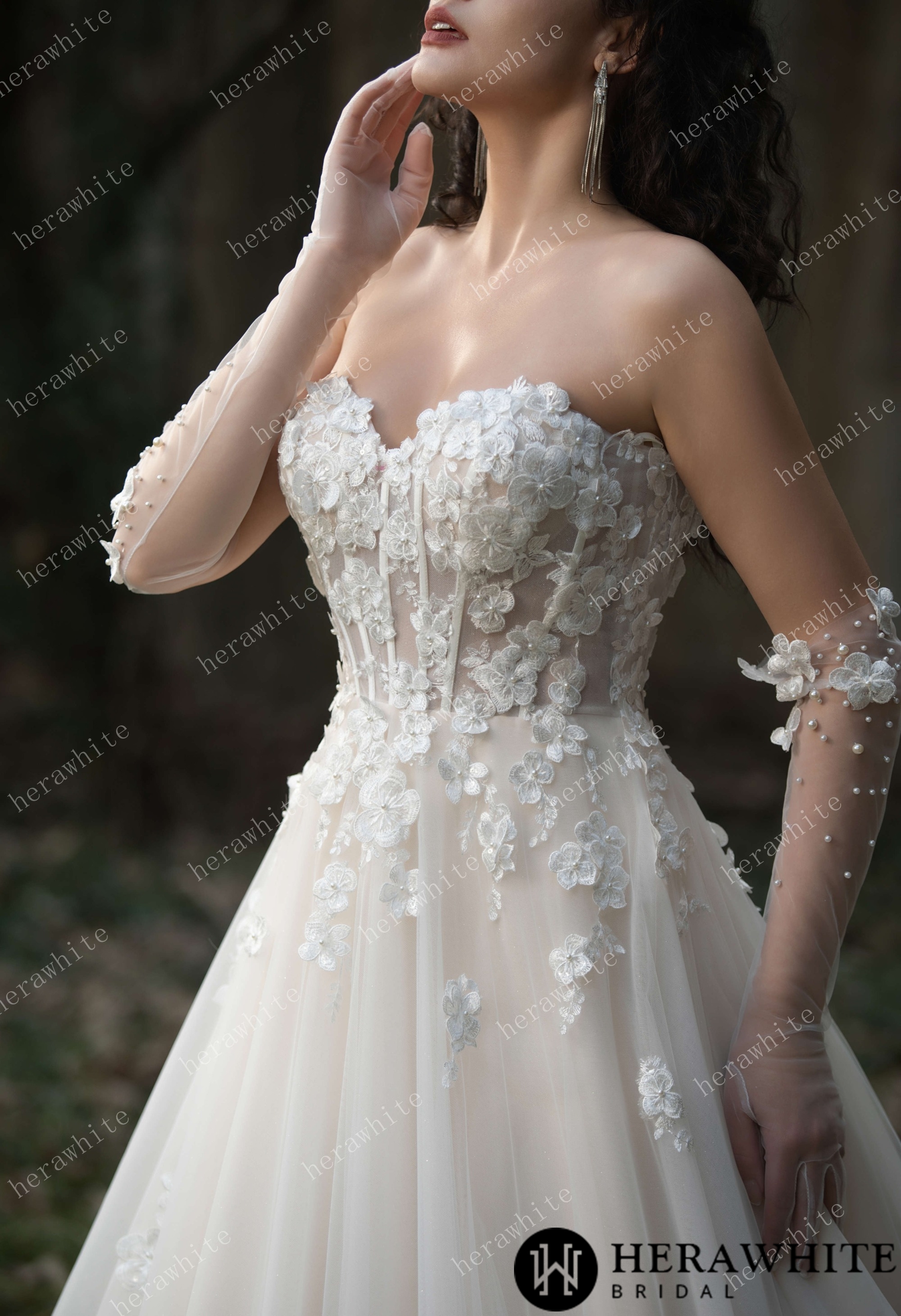 Strapless Tulle Wedding Ball Gown with 3D Embroidery Flowers