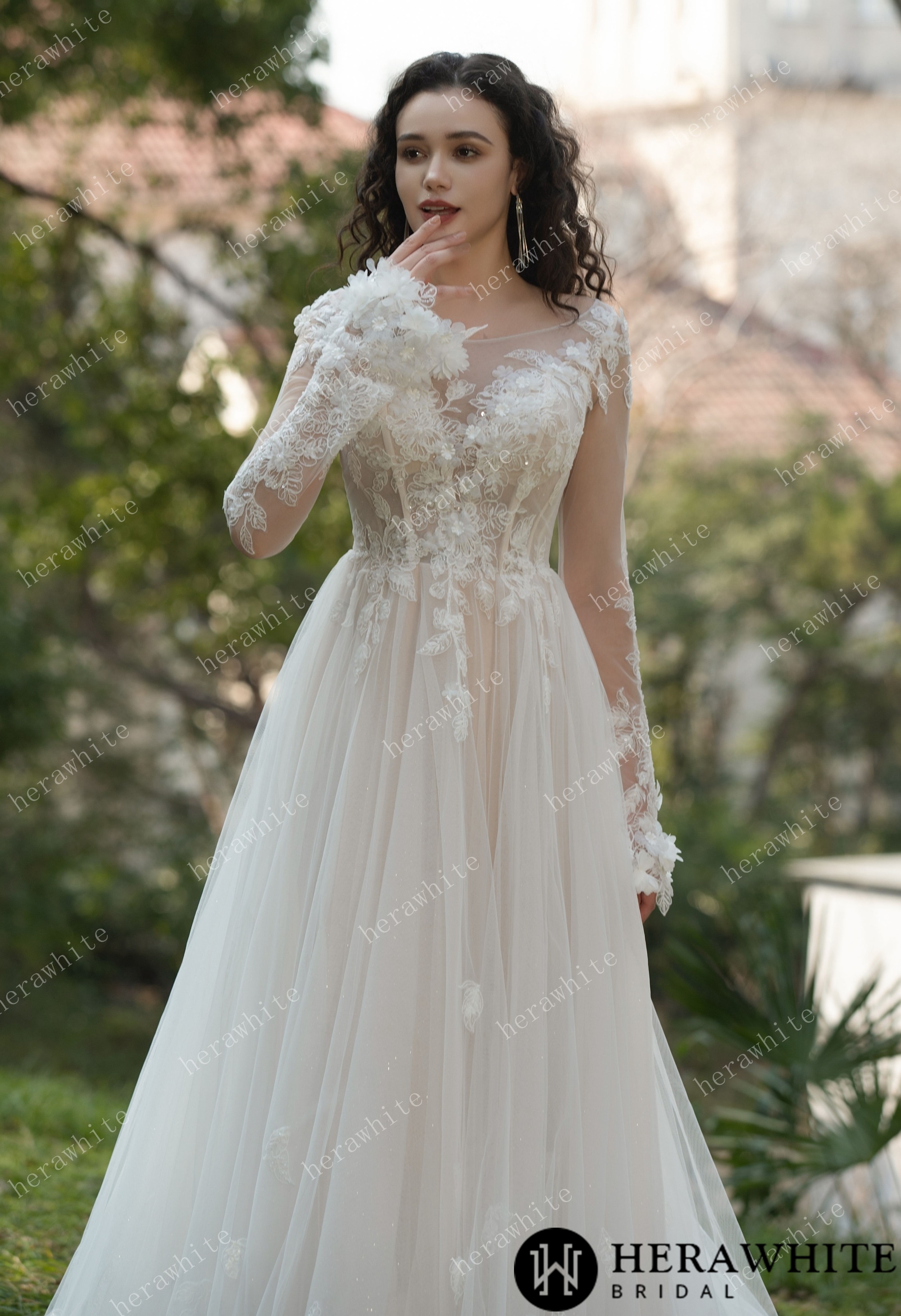 3D Flower Bateau Neckline Long Sleeve Eternal Lace Gown