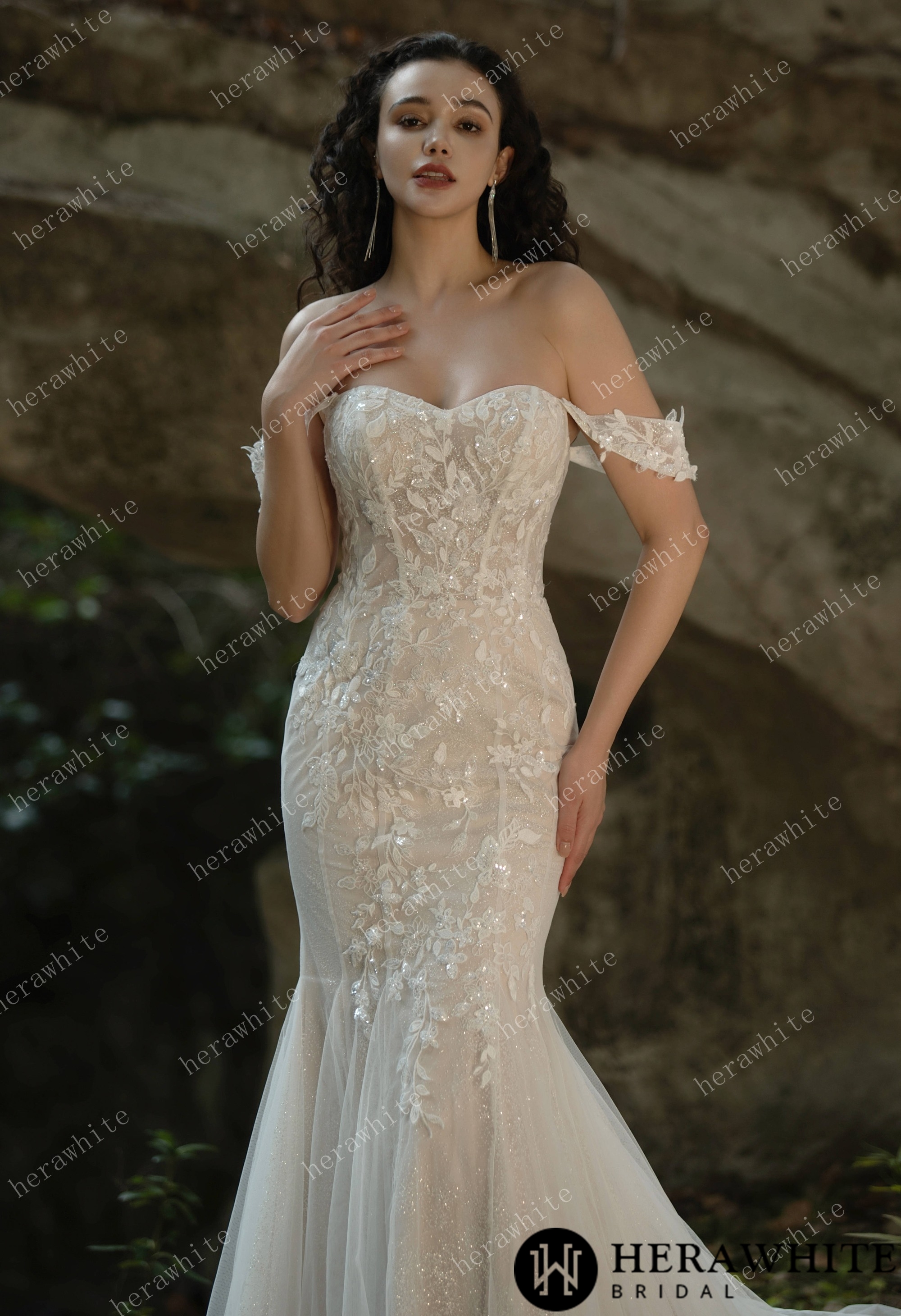 Beaded and Sequined Lace Off the Shoulder  Wedding Dress
