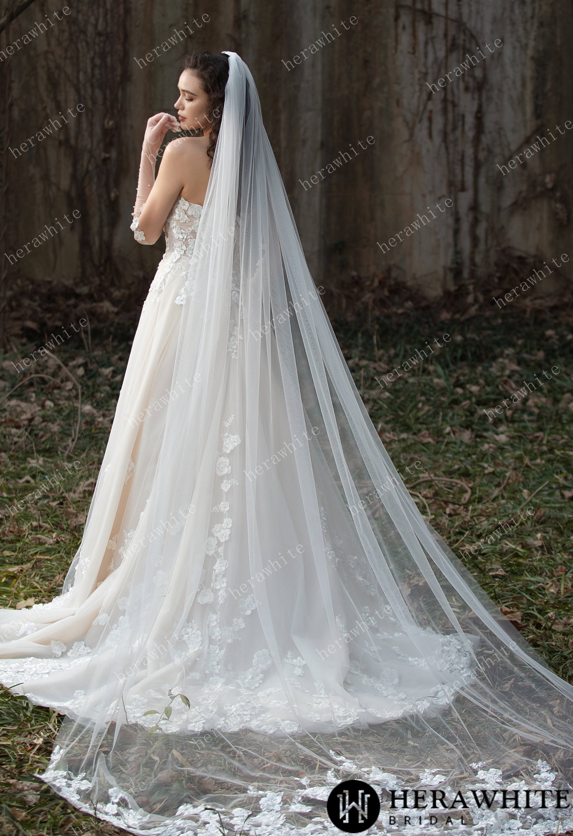 Strapless Tulle Wedding Ball Gown with 3D Embroidery Flowers