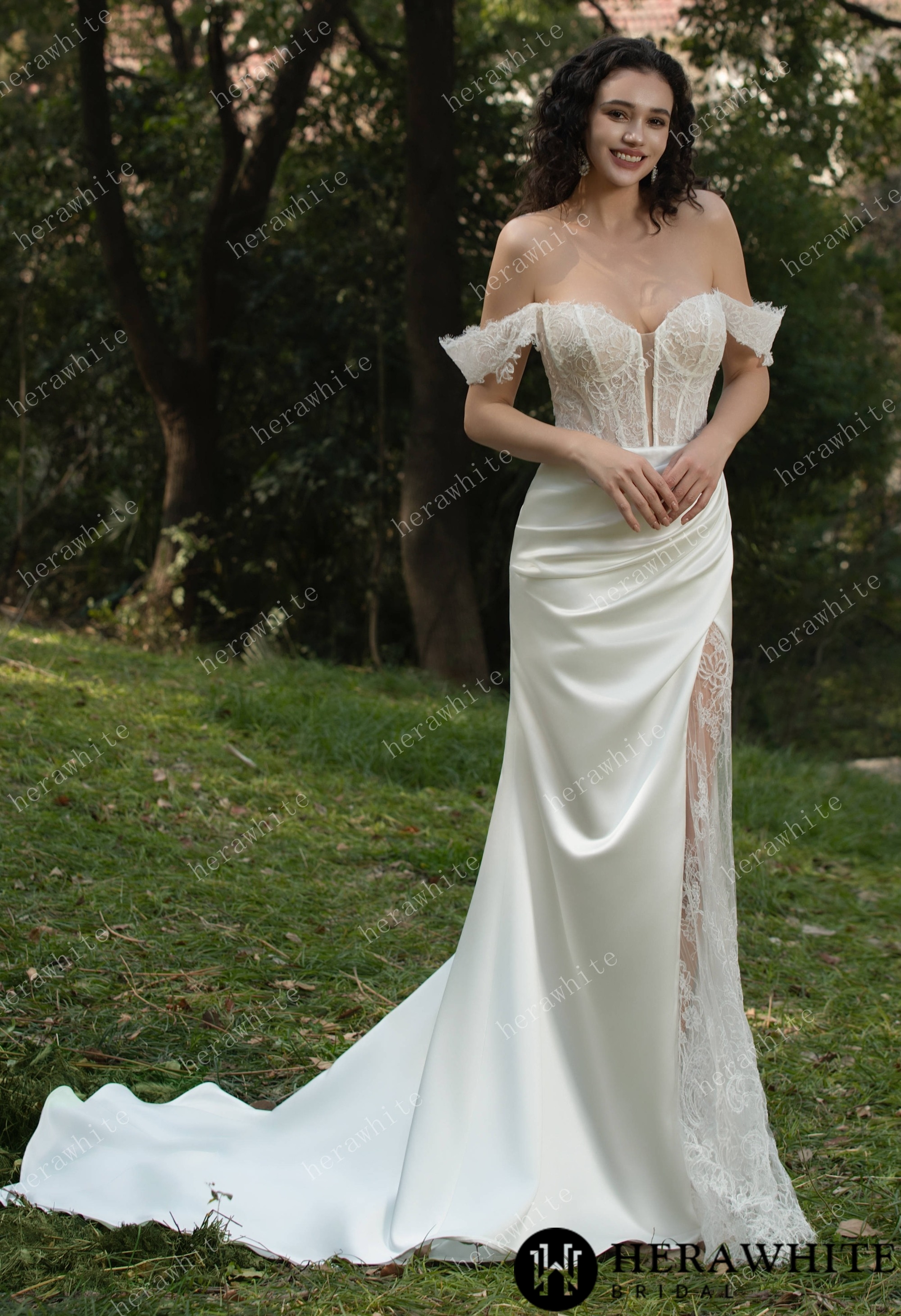 Chantilly Lace Wedding Dress With Off-the-Shoulder Straps & Elegant Illusion Bodice