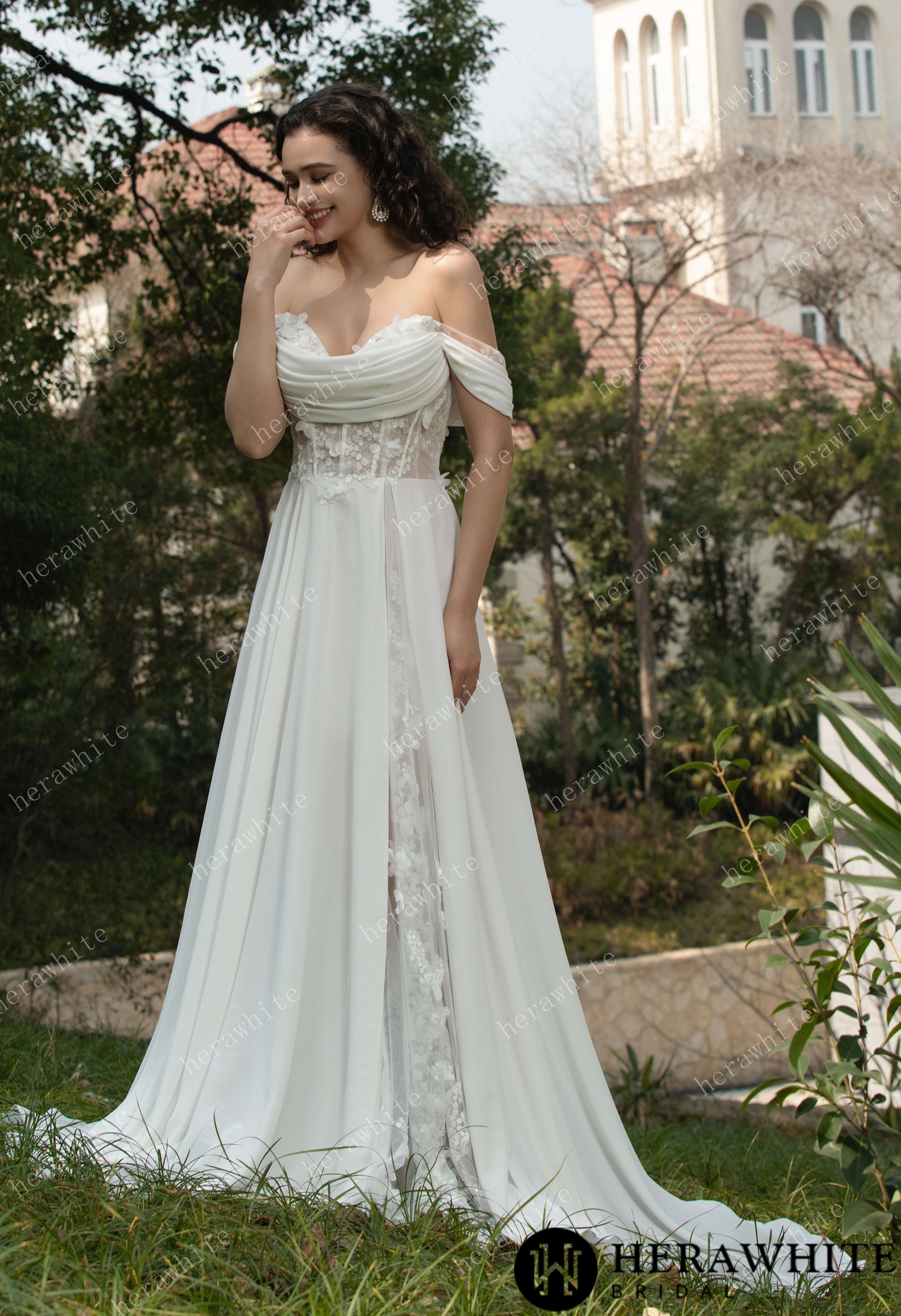 As Cheerful  Off the Shoulder Chiffon Wedding Dress