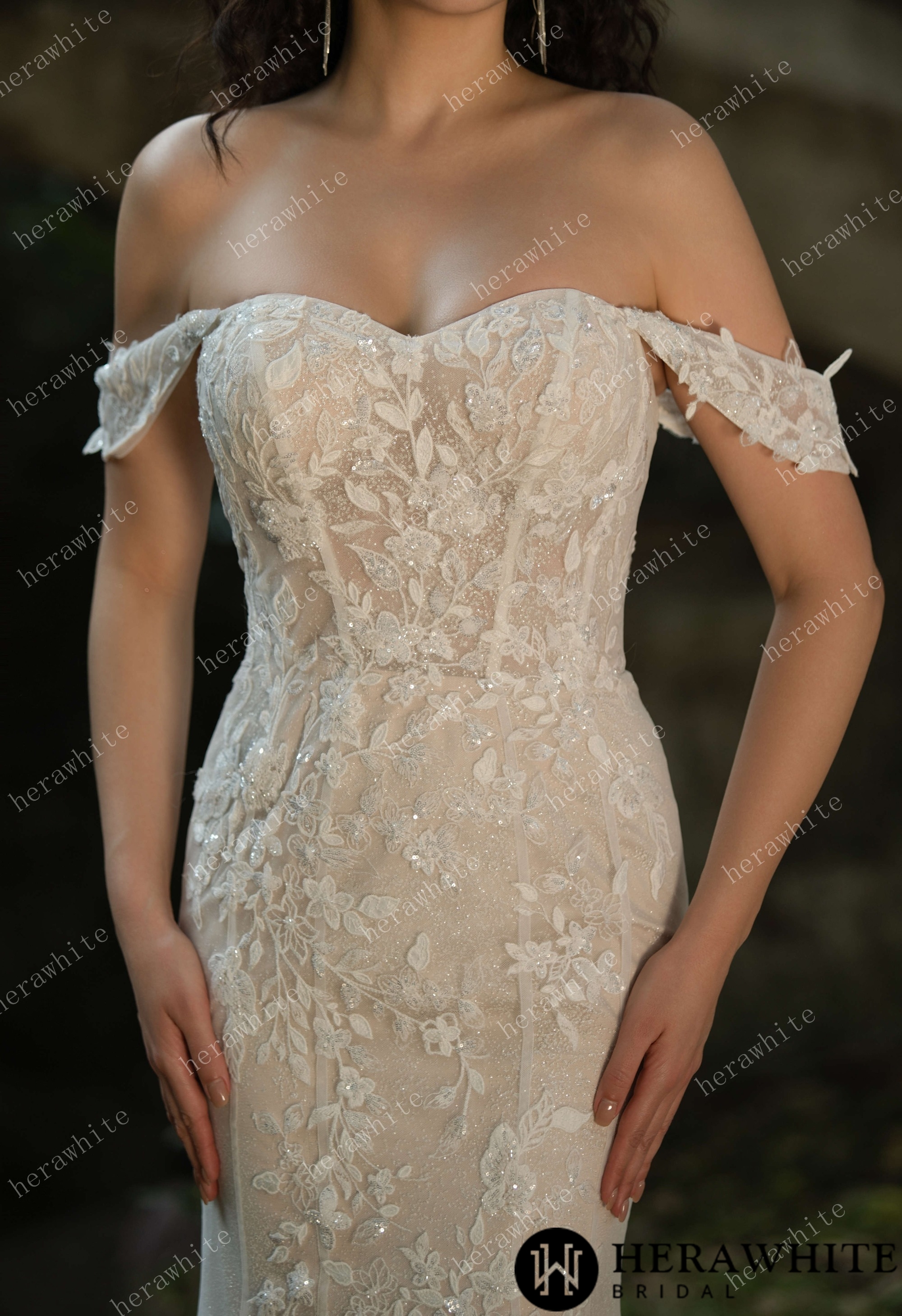 Beaded and Sequined Lace Off the Shoulder  Wedding Dress