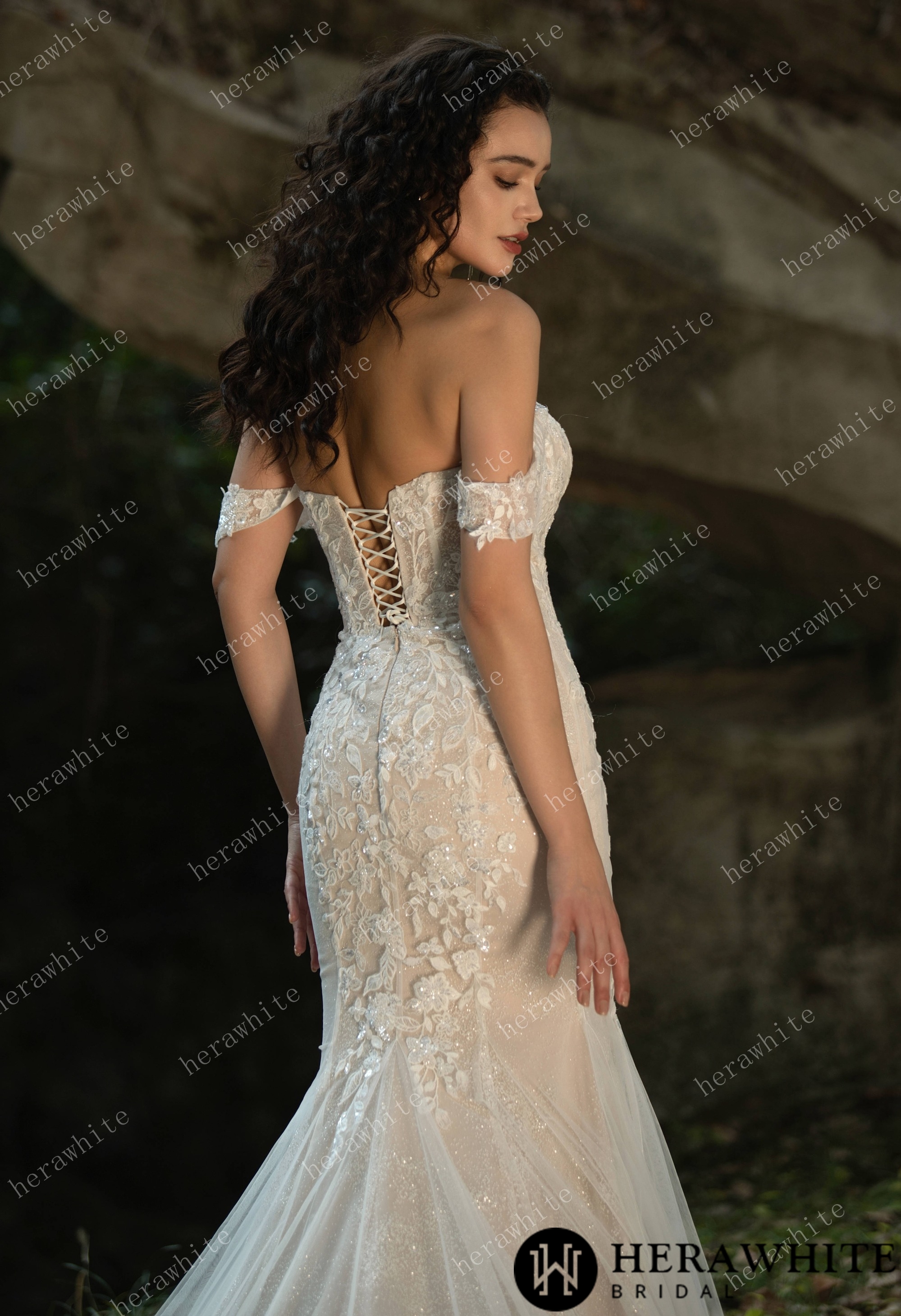 Beaded and Sequined Lace Off the Shoulder  Wedding Dress