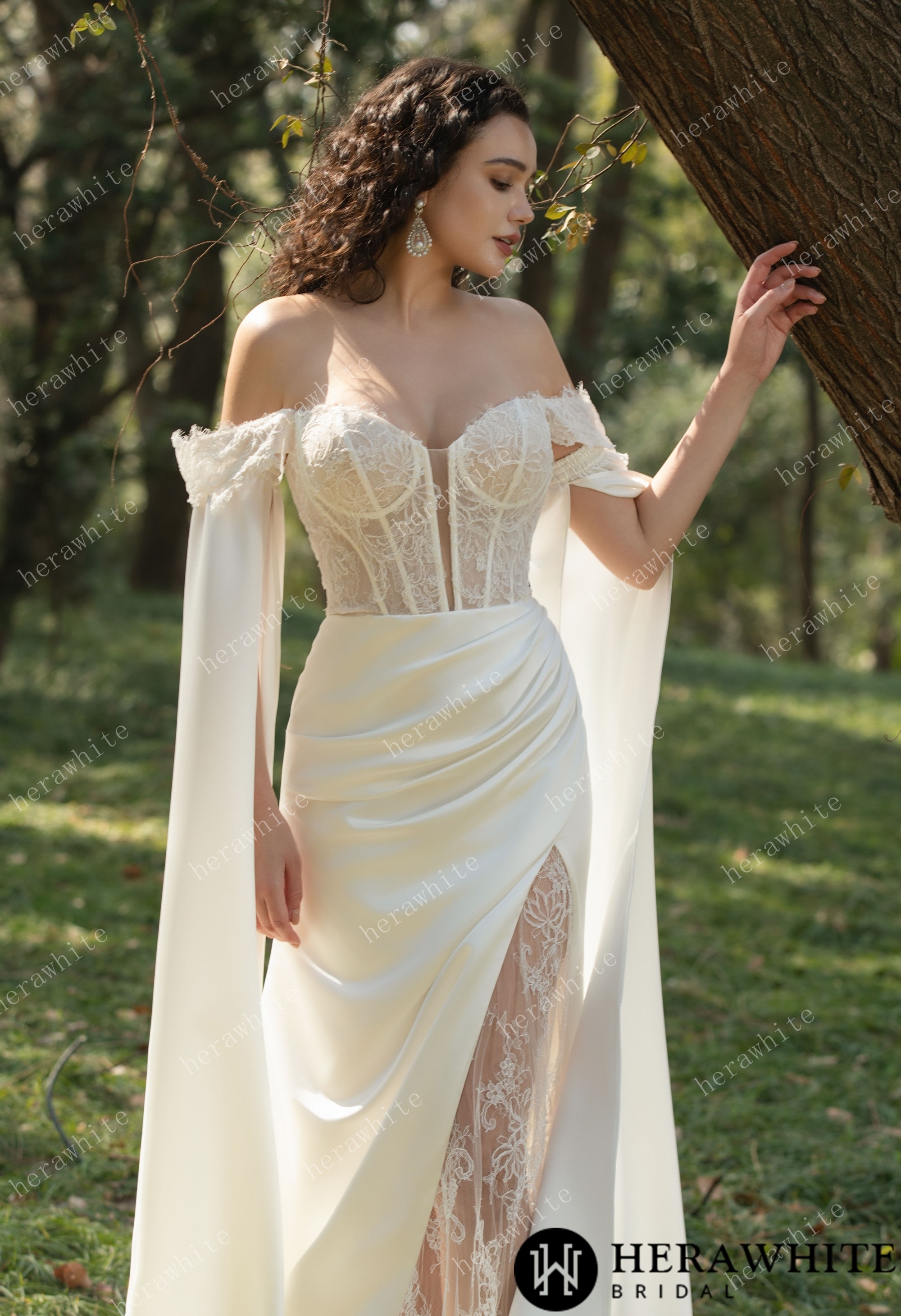 Chantilly Lace Wedding Dress With Off-the-Shoulder Straps & Elegant Illusion Bodice