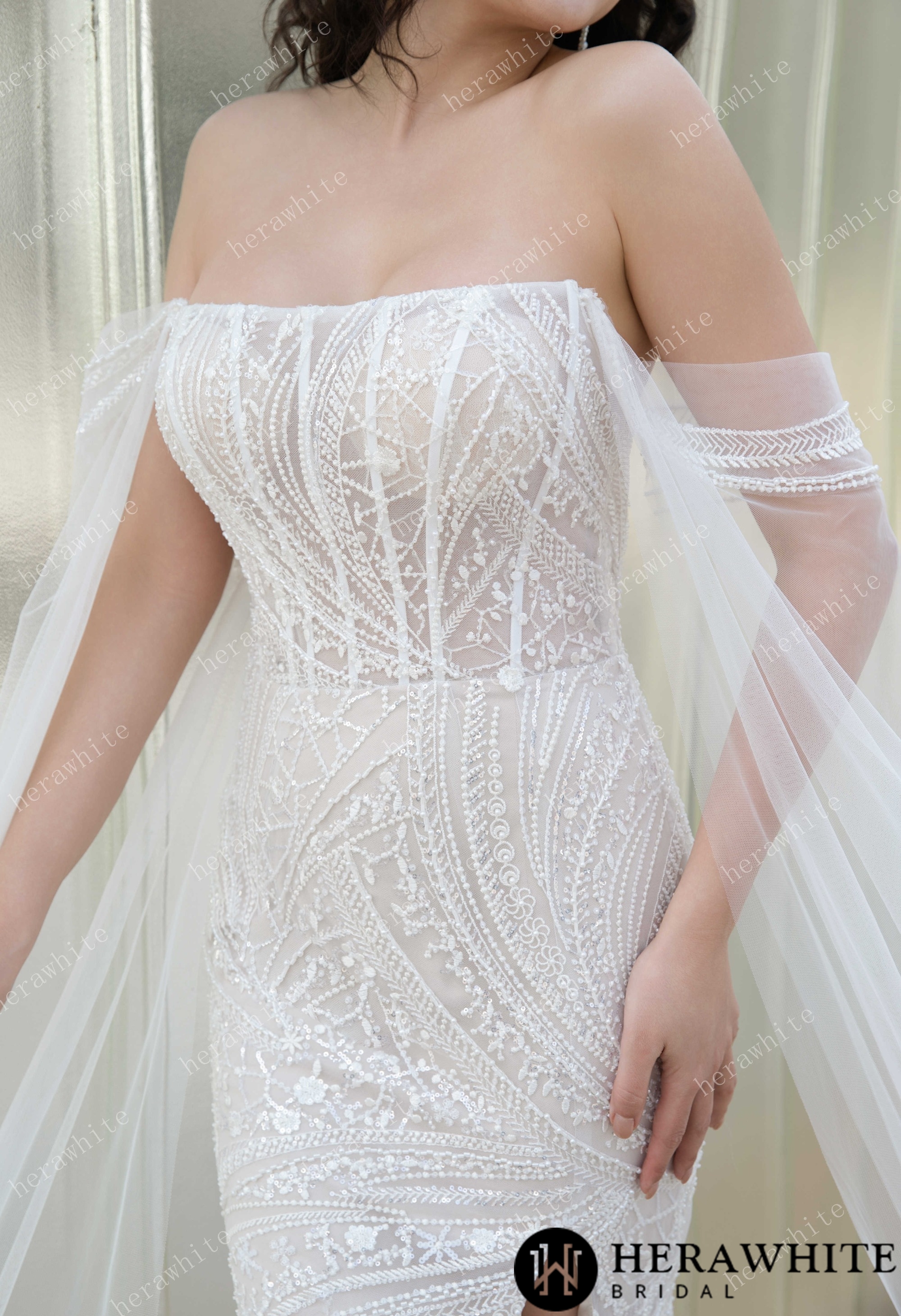 Square Neckline Beaded Embroidery Wedding Gown