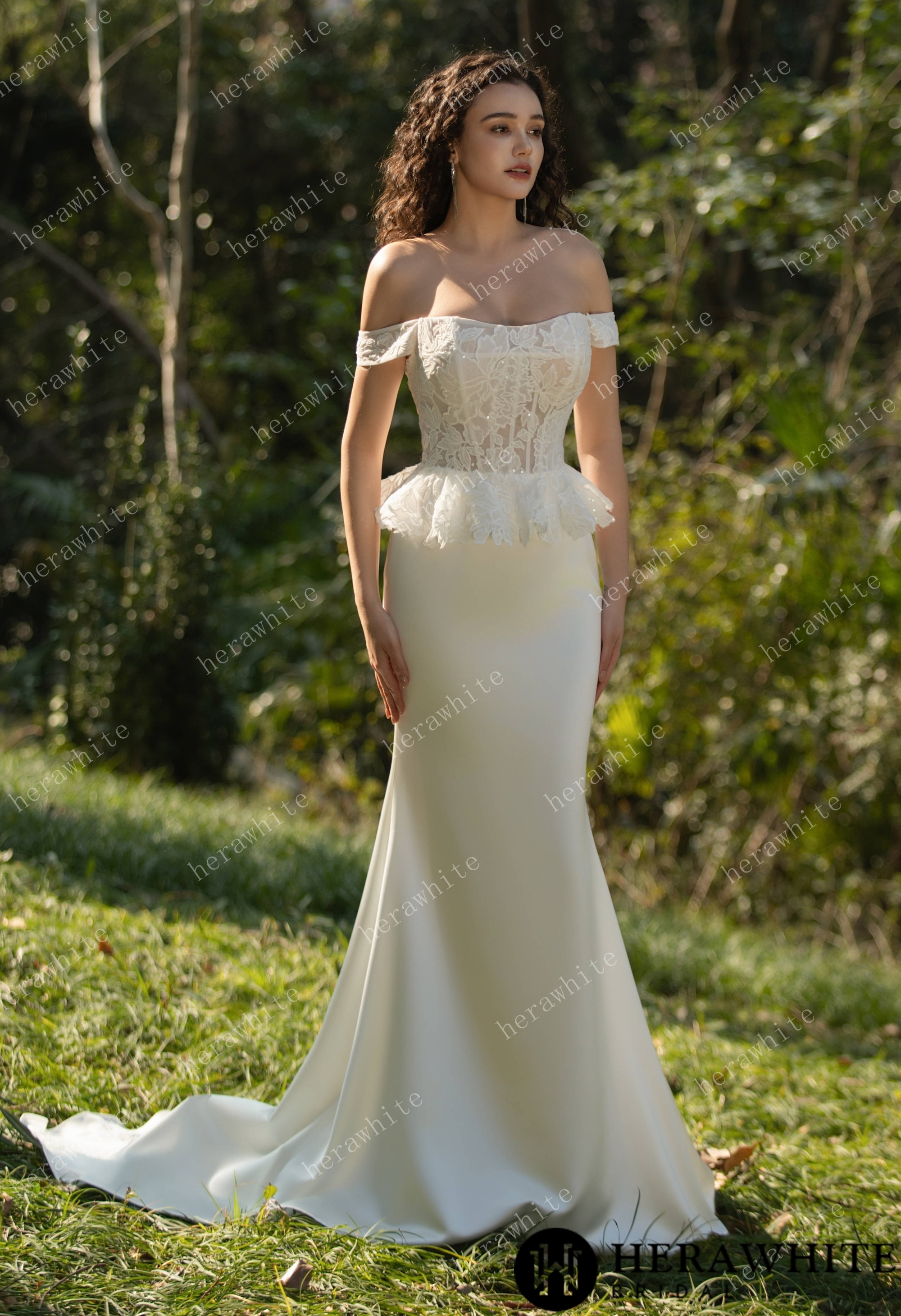 Off the Shoulder Ruffle Fit and Flare Bridal Gown
