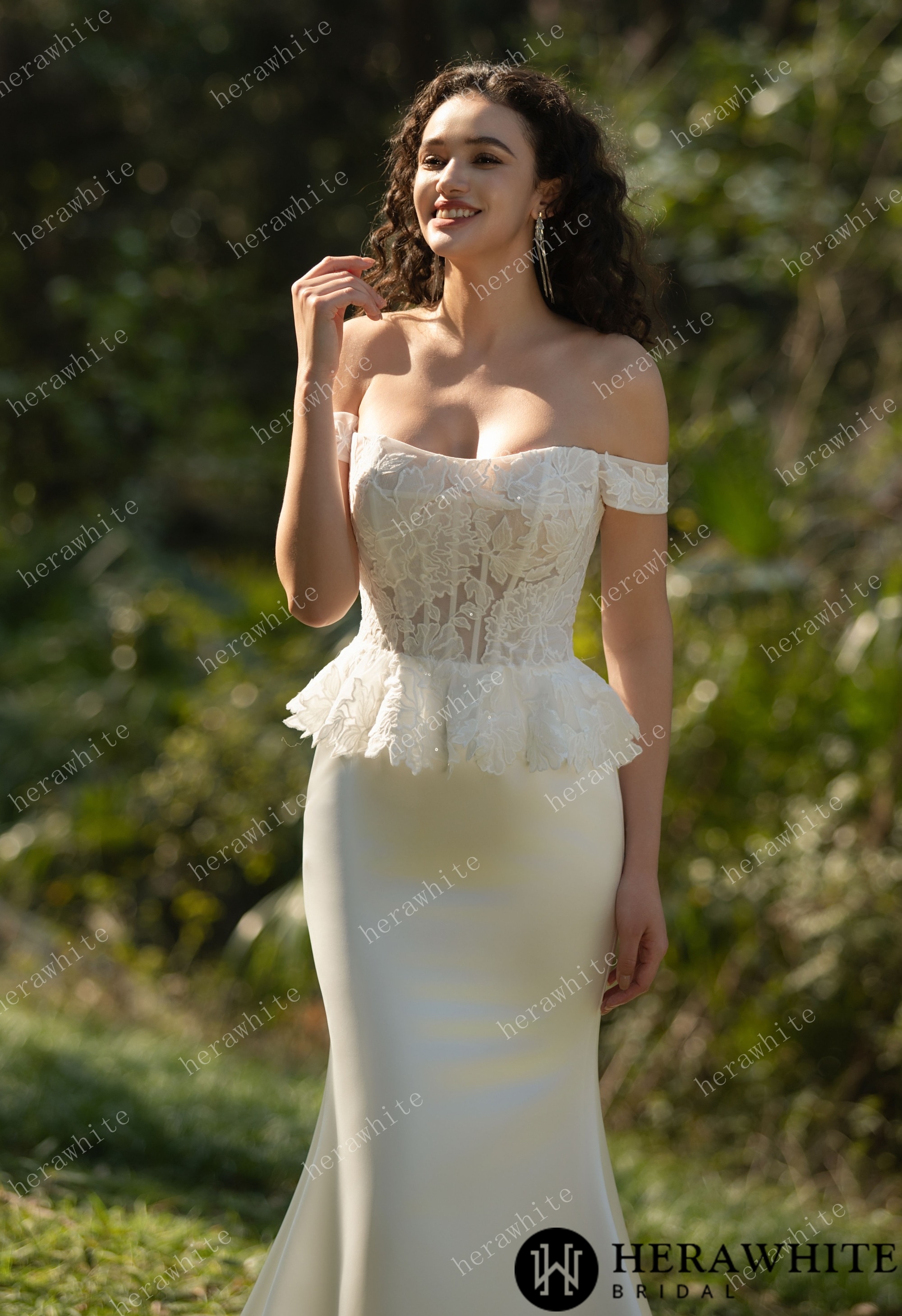Off the Shoulder Ruffle Fit and Flare Bridal Gown