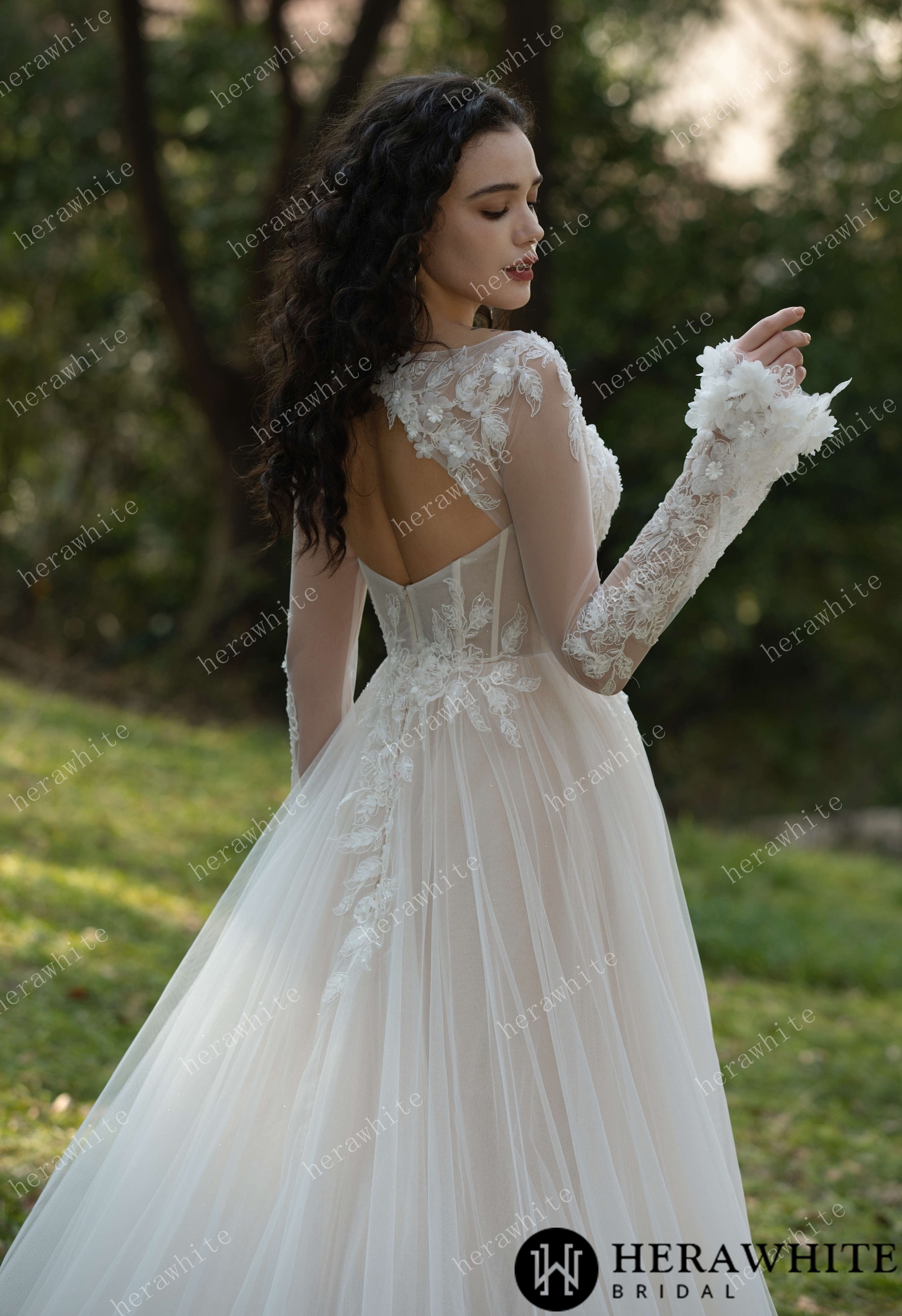 3D Flower Bateau Neckline Long Sleeve Eternal Lace Gown