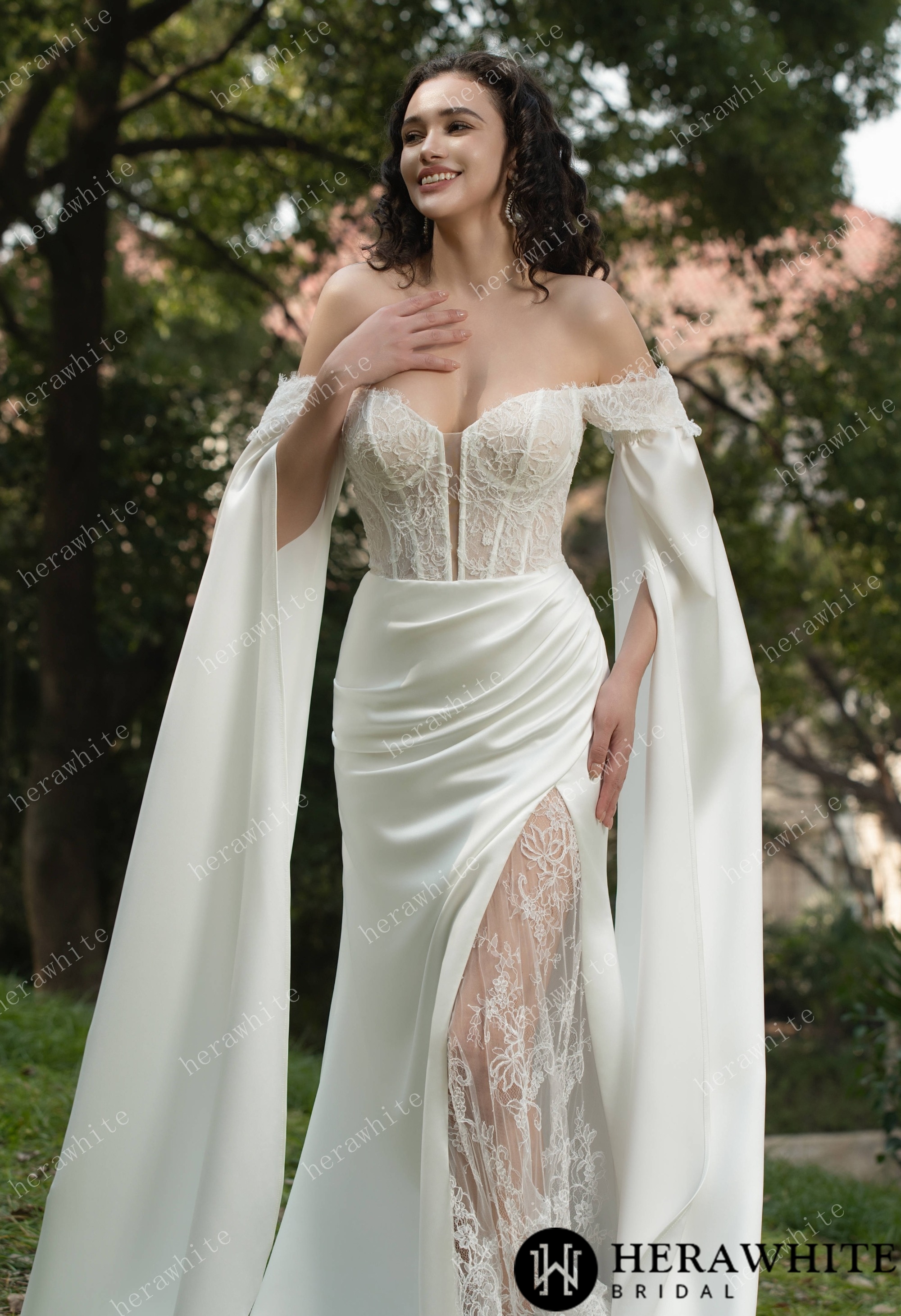 Chantilly Lace Wedding Dress With Off-the-Shoulder Straps & Elegant Illusion Bodice